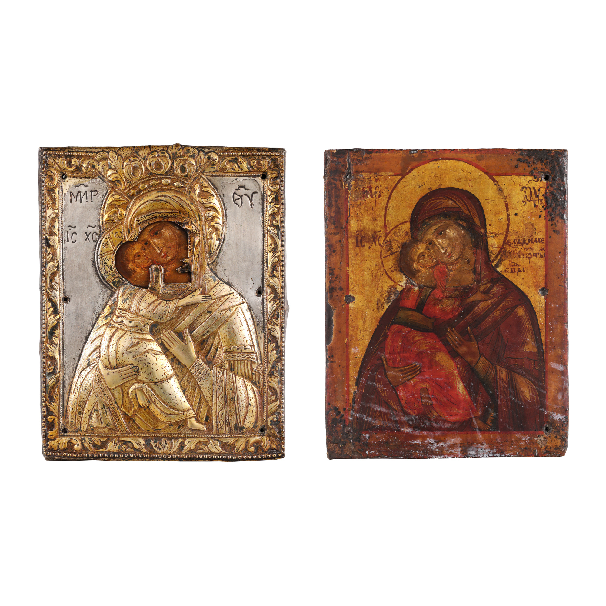 Icoană pe lemn, cu ferecătură din argint aurit, ”Maica Domnului cu Pruncul (Vladimirskaia)”, școală rusească, a doua jumătate a sec. XVIII, de colecție
