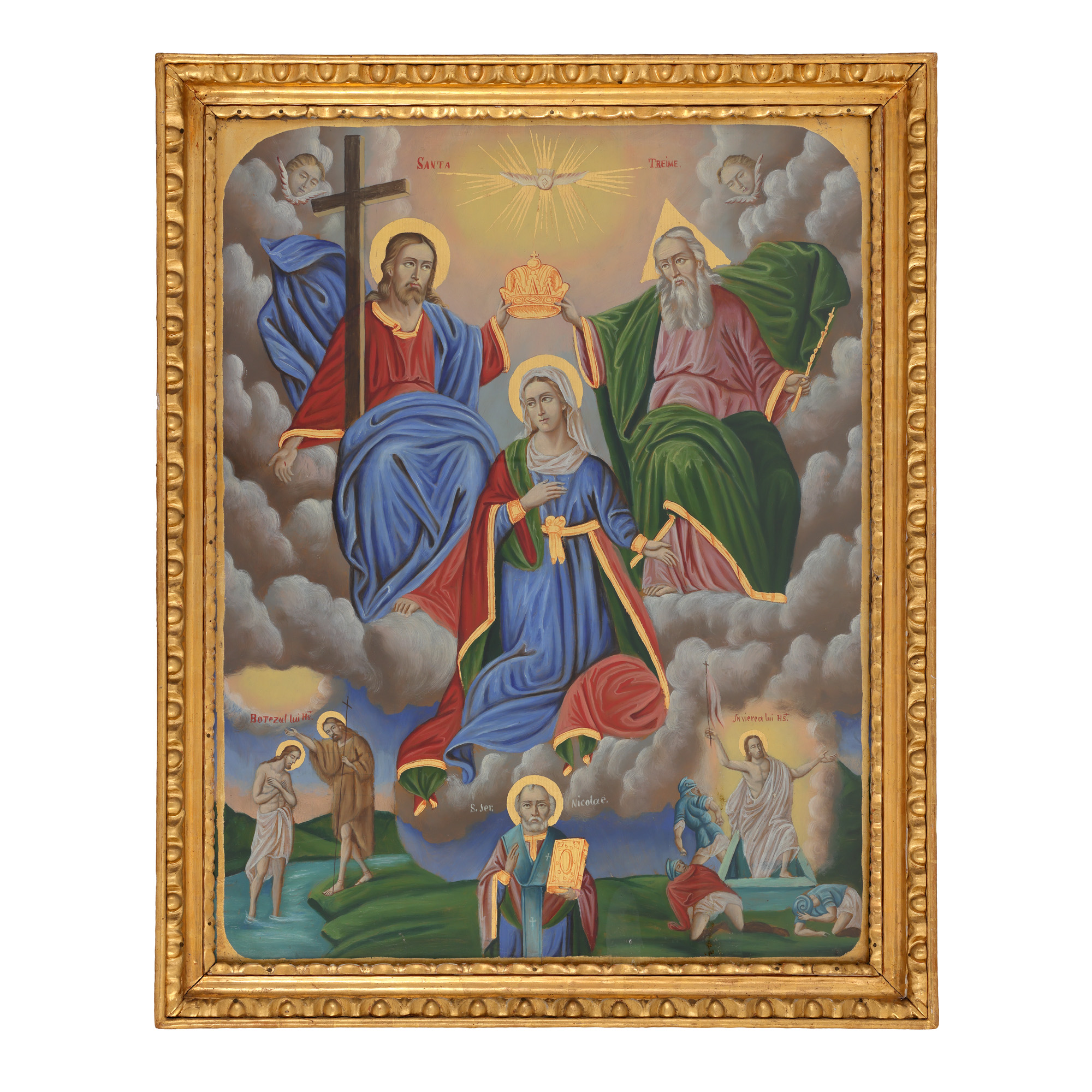 Icoană împărătească pe lemn, ”Sfânta Treime (Încoronarea Fecioarei), Botezul Domnului, Învierea Domnului și Sfântul Nicolae”, școală românească, a doua jumătate a sec. XIX, de colecție