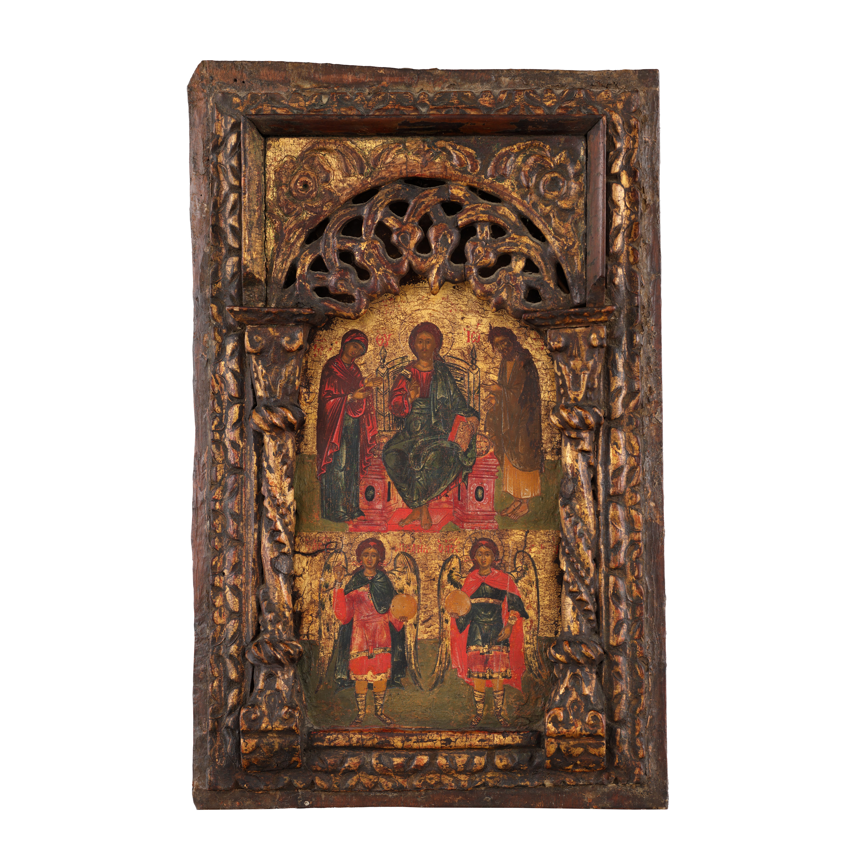 Icon on wood, "Deisis and Two Holy Archangels", Greek School