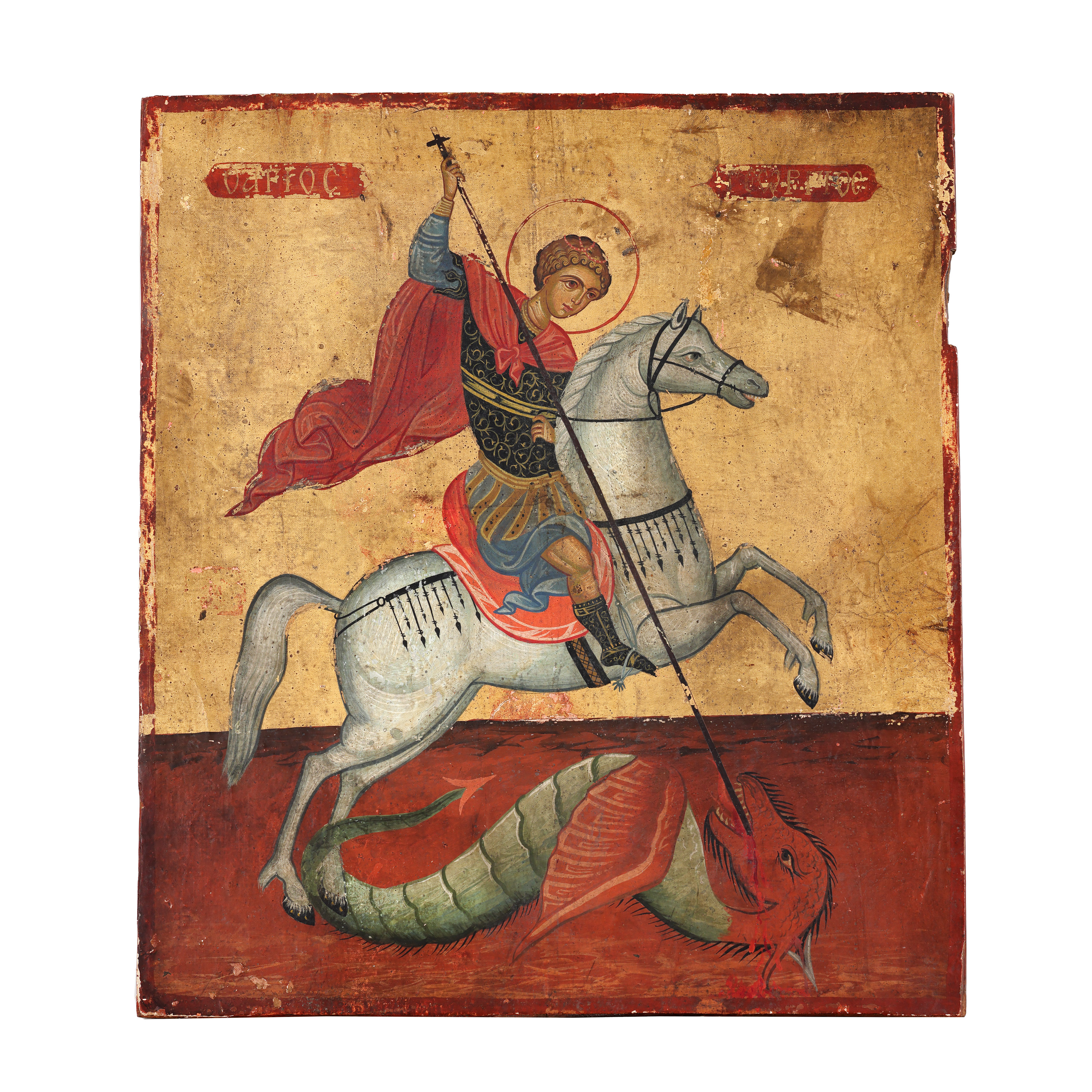 Icoană pe lemn, ”Sfântul Gheorghe omorând balaurul”, școală grecească