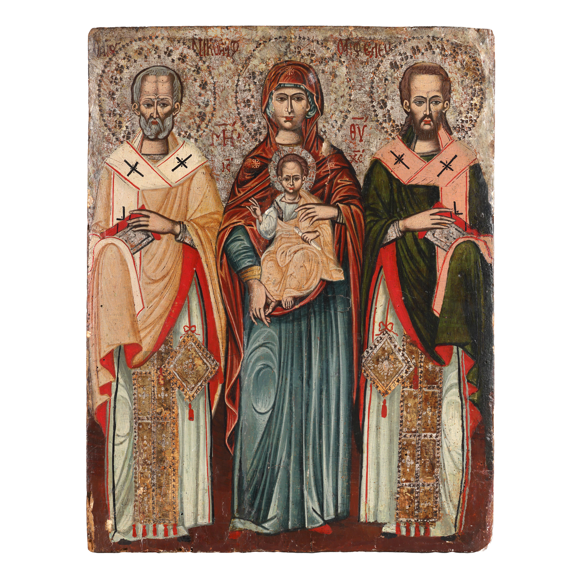 Icon on wood, "Mother of God with the Infant, Saint Nicholas and Saint Eleftherios", Greek school, end of the 18th century