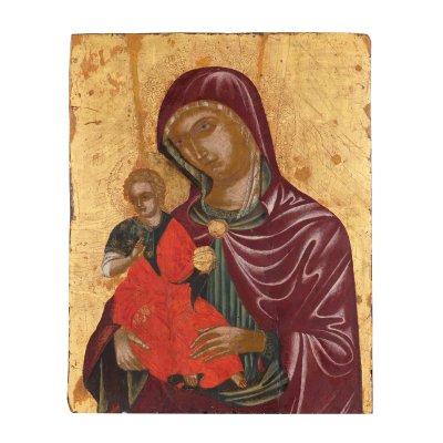 Icoană veneto-cretană pe lemn, ”Maica Domnului cu Pruncul (Eleusa)”, începutul sec. XVI, piesă rară, de colecție