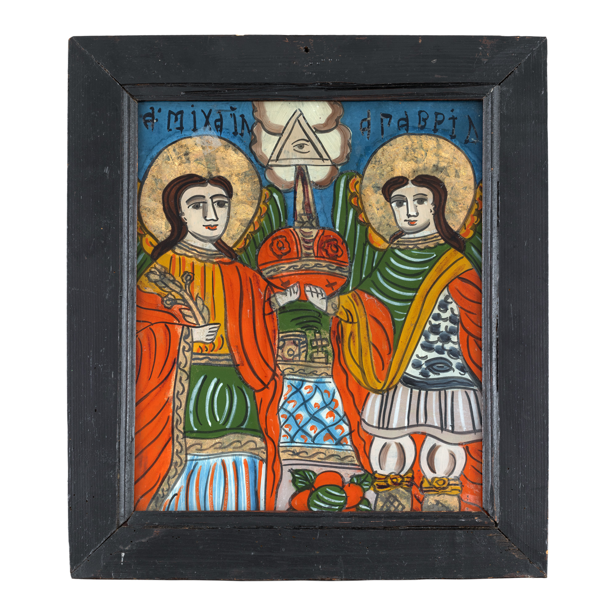 Icoană pe glajă, "Sfinții Arhangheli Mihail și Gavril", atelier din Șcheii Brașovului, a doua jumătate a sec. XIX