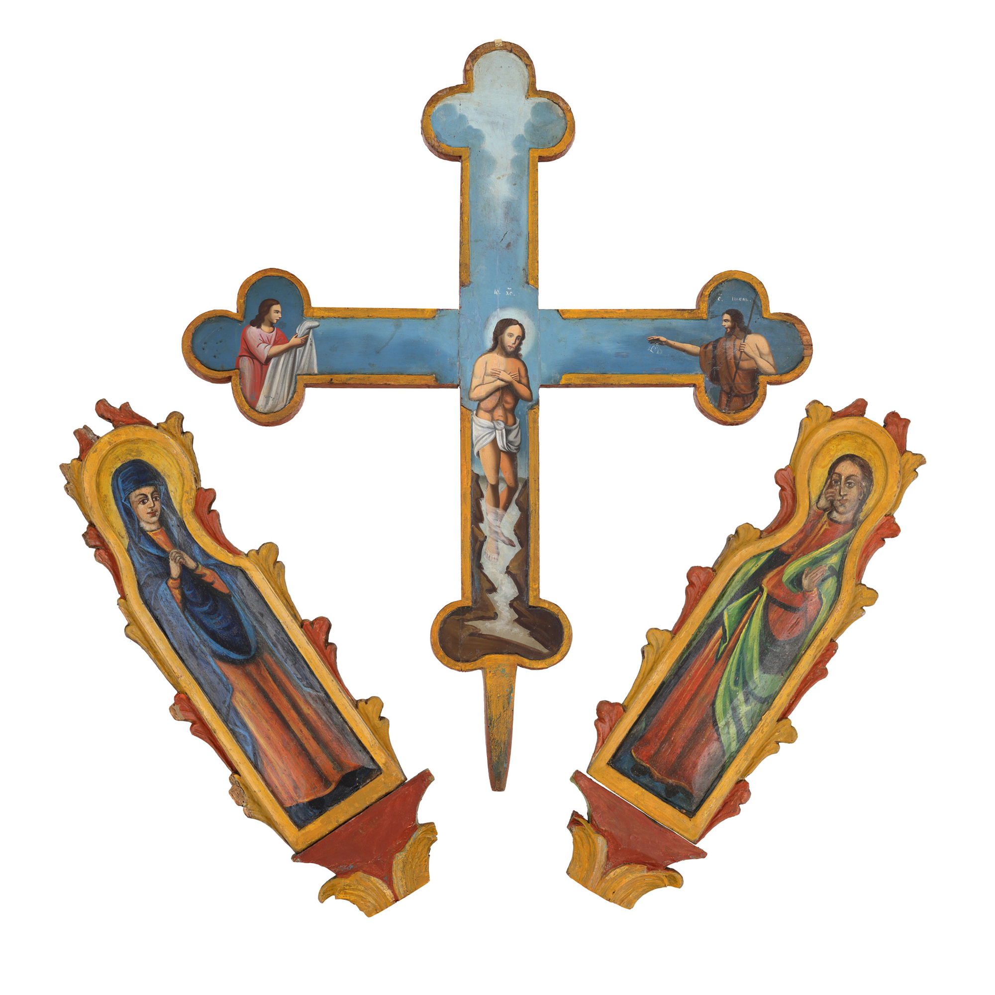 Painted wooden cross with the scenes, "Crucifixion" and "Baptism of the Lord", Moldovan workshop, 19th century and two painted wooden rosaries with the image of "Mother of God" and "Saint John", Romanian workshop