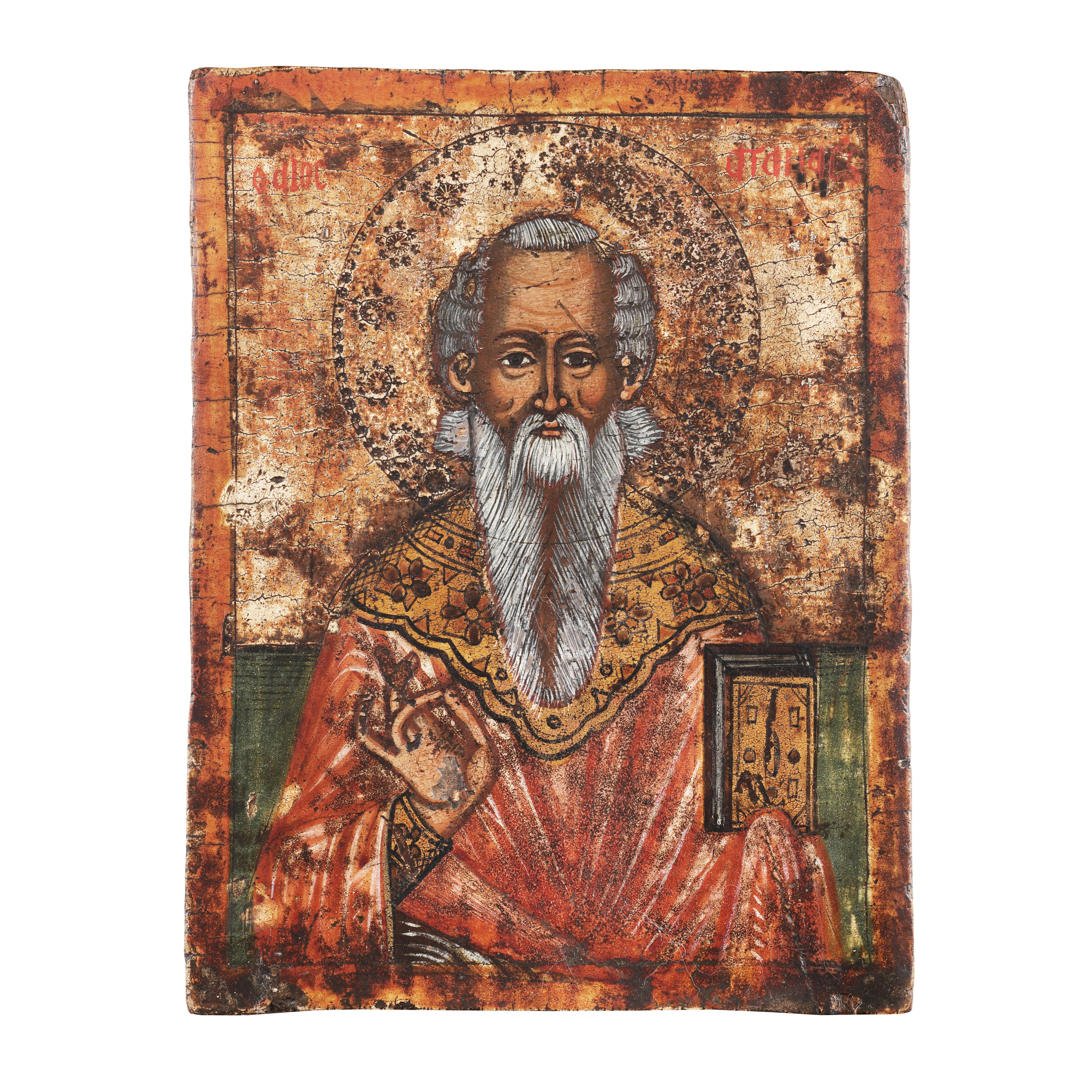 Icoană pe lemn, ”Sfântul Atanasie”, școală grecească, mijlocul sec. XVIII, de colecție