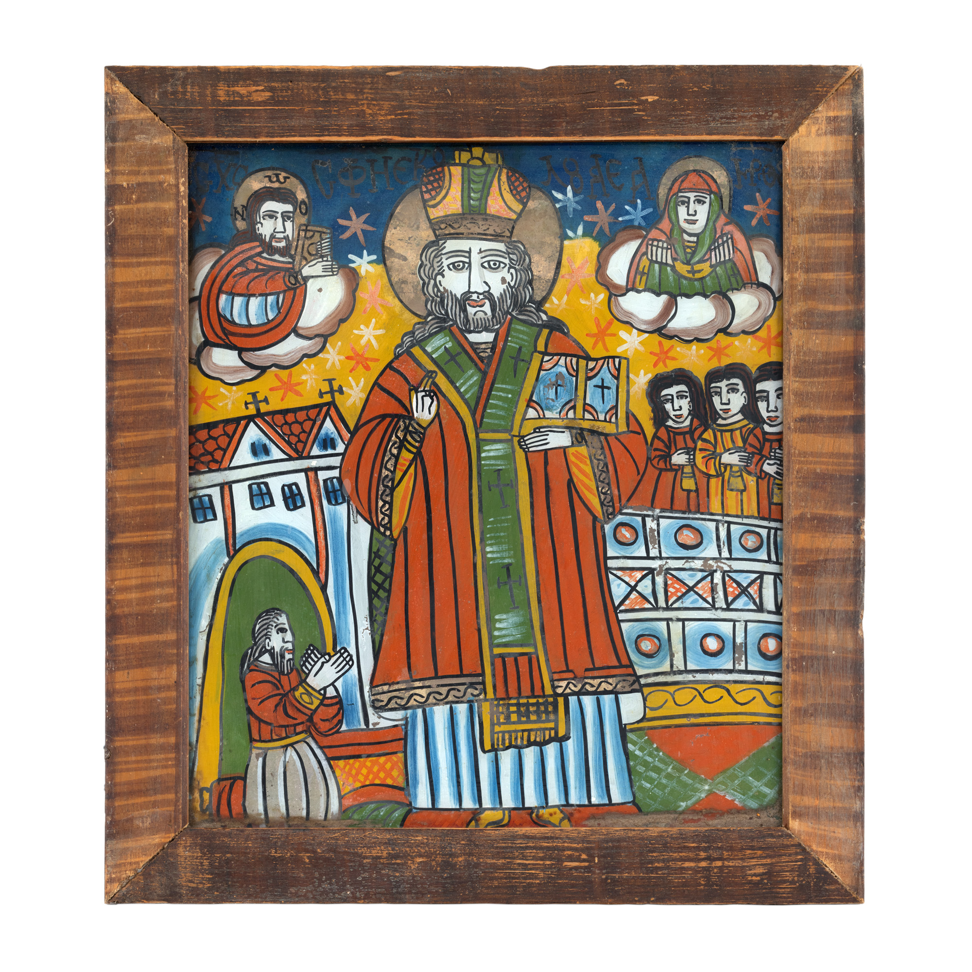 Icoană pe glajă, ”Sfântul Nicolae”, atelier din Șcheii Brașovului, a doua jumătate a sec. XIX