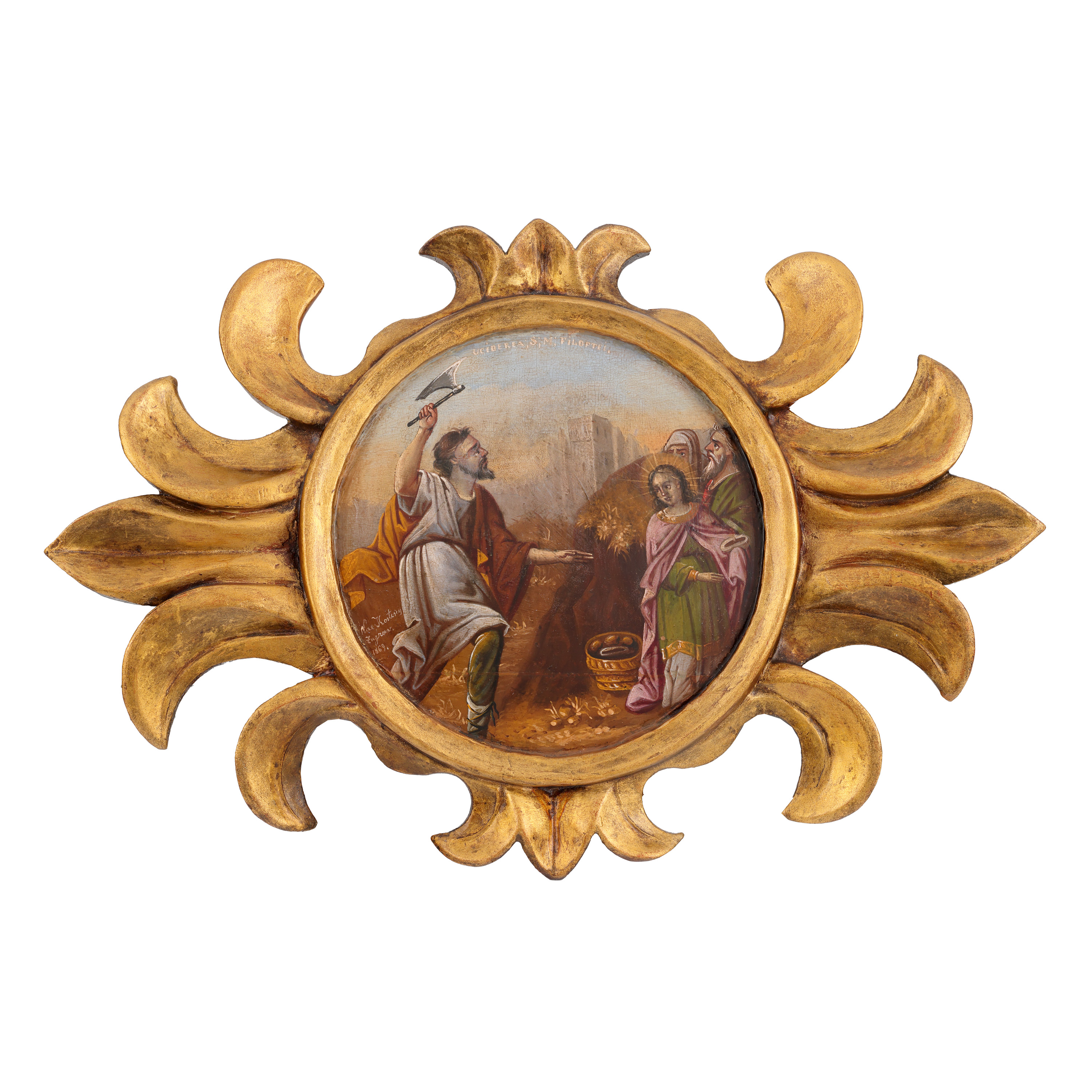 Icon on carved wood, "Killing of the Holy Martyr Philothea", painter Nae Kostescu, 1869, very rare, collector's item