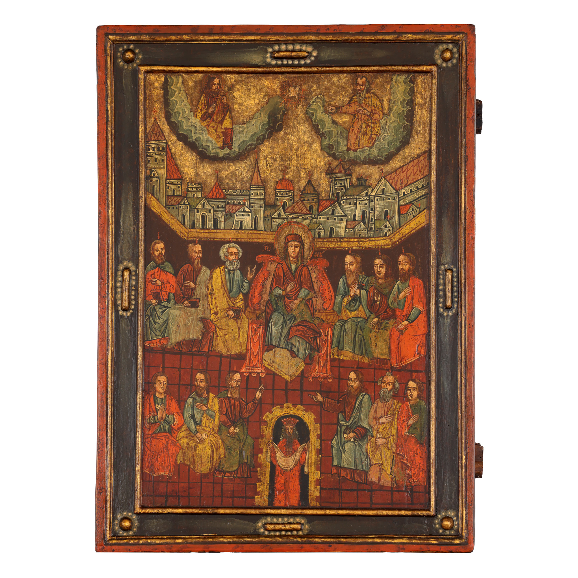 Imperial icon on wood, "Descent of the Holy Spirit (Pentecost)", carved and painted frame, Ruthenian school, early 18th century, very rare, collectible piece