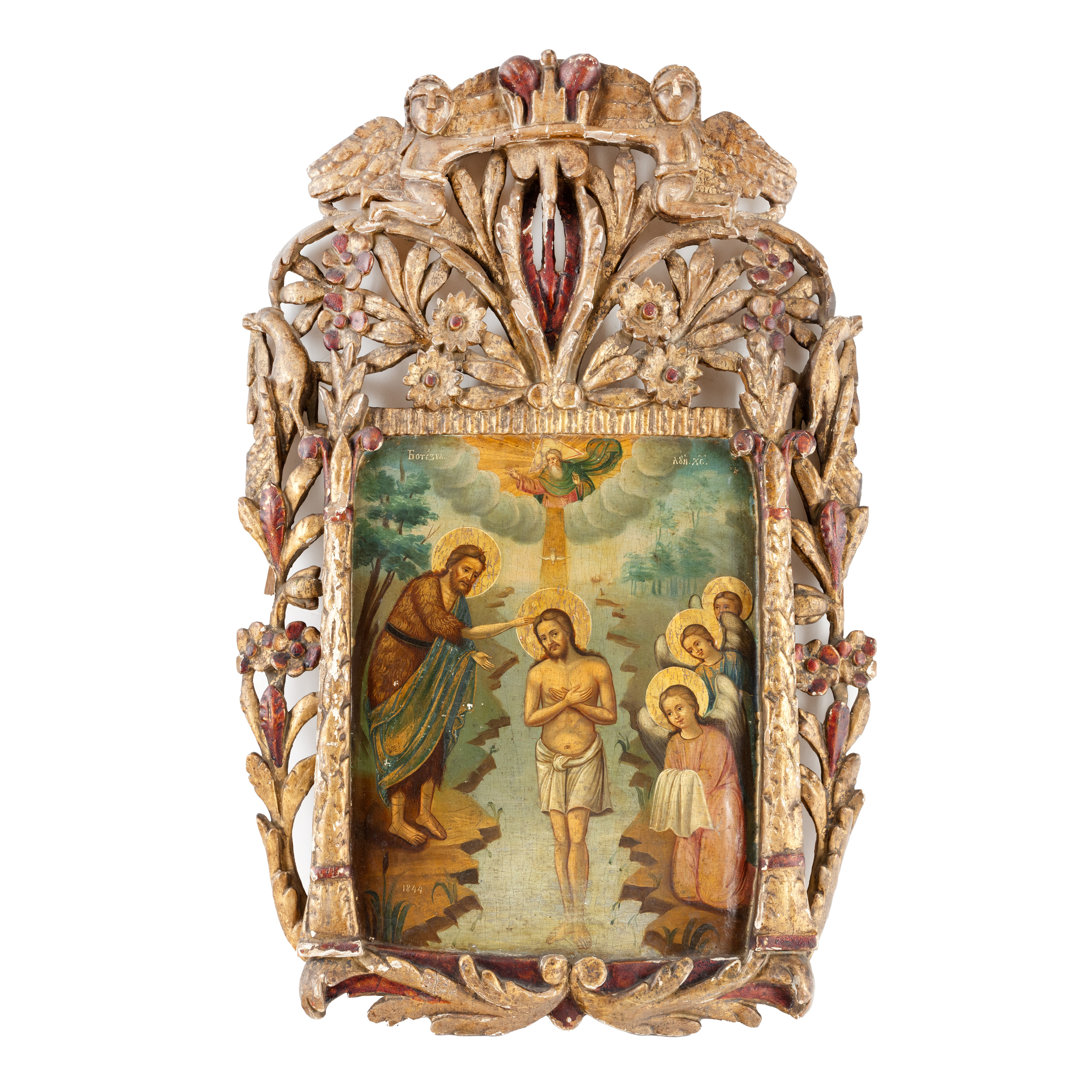 Icon on carved wood, "The Baptism of the Lord", probably an early work of the painter Gheorghe Tattarescu, 1844, rare collectible piece