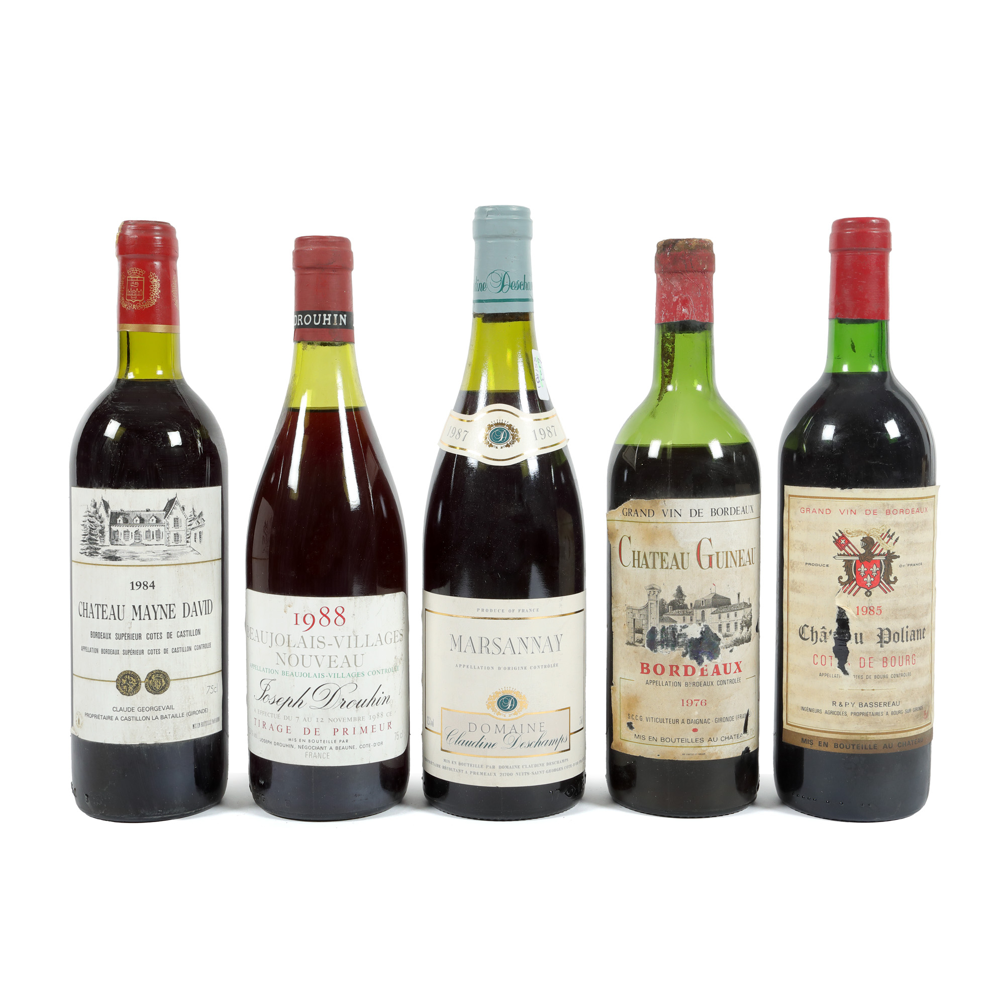 Lot de vinuri franțuzești, diverse apelațiuni, 1976/1984/1985/1987/1988, 5st x 0,75l