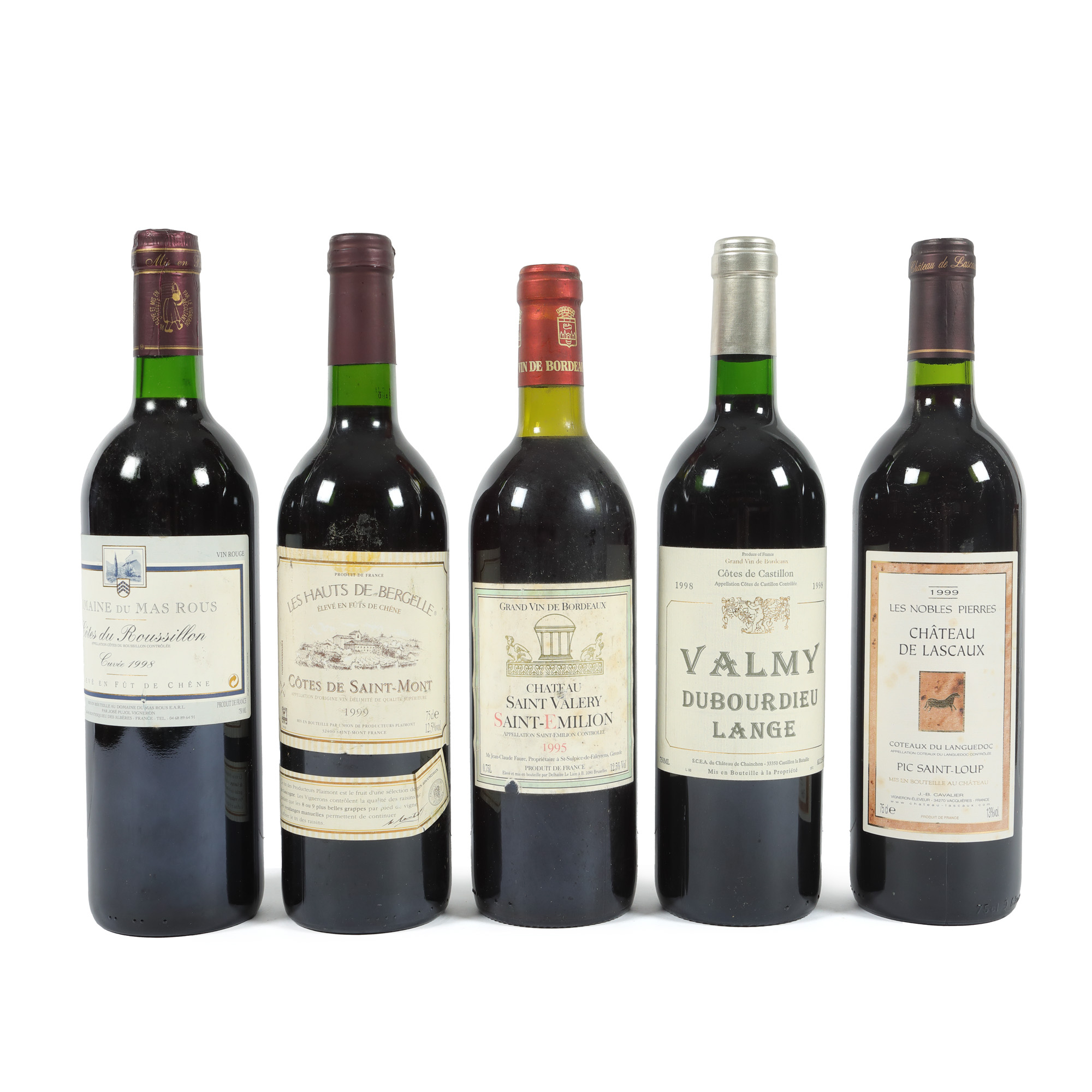 Lot de vinuri franțuzești, diverse apelațiuni, printre care și Saint-Émilion, 1995/1998/1999, 5st x 0,75l