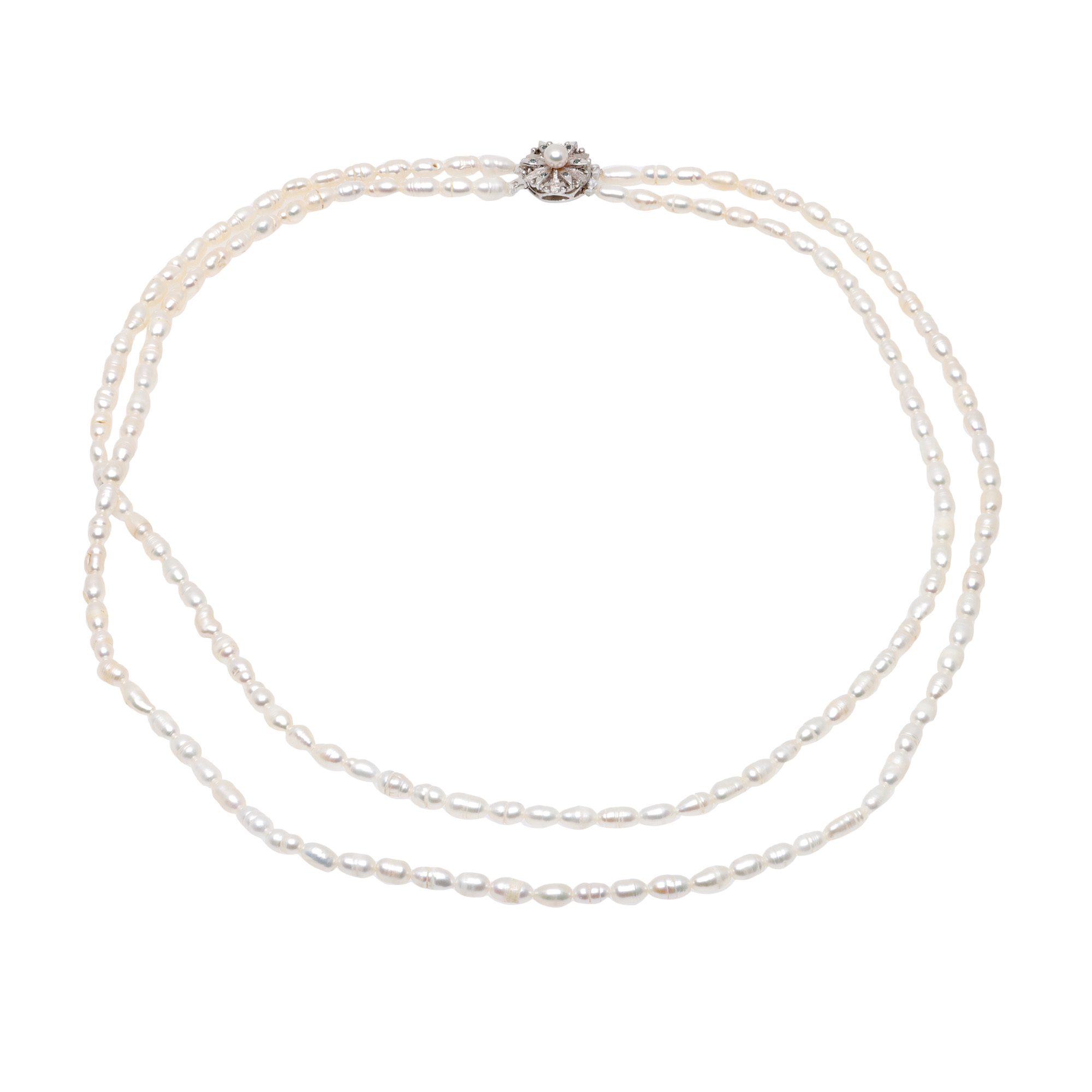 White gold necklace, decorated with baroque pearls, Akoya pearl and blue diamonds