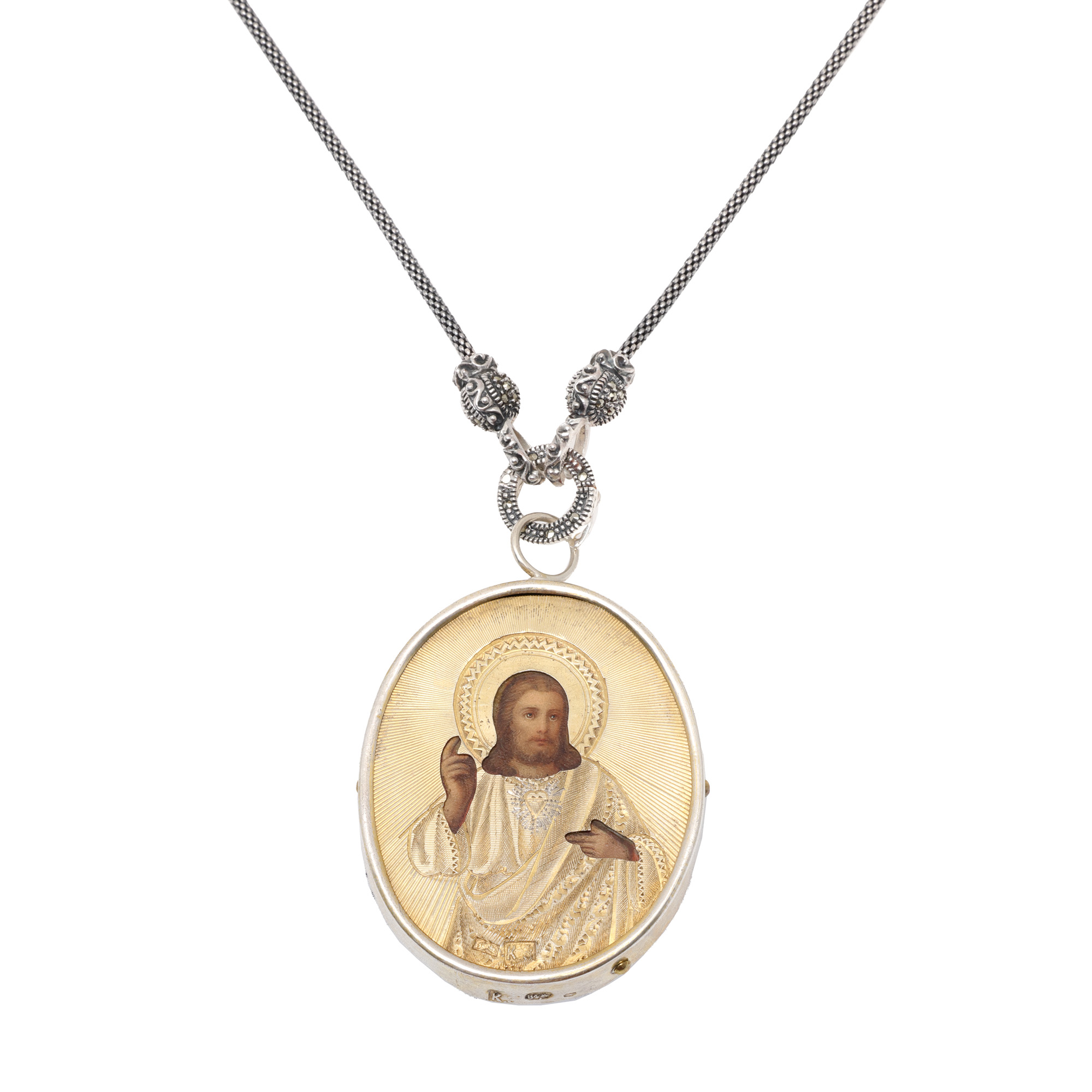 Carl Fabergé Silver Chain with Pendant, Decorated with Enamel, Gold Clasp