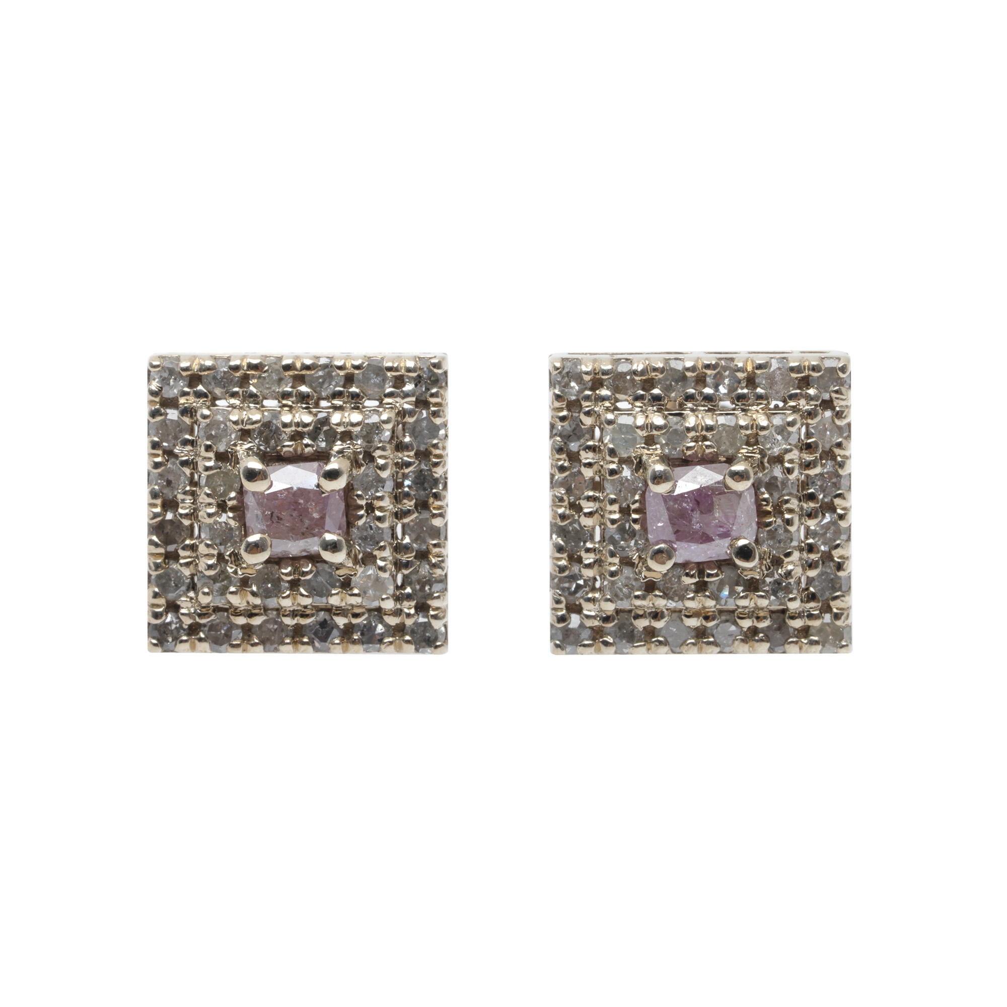 Pair of white gold earrings, decorated with Fancy Pink diamonds and double halo of diamonds