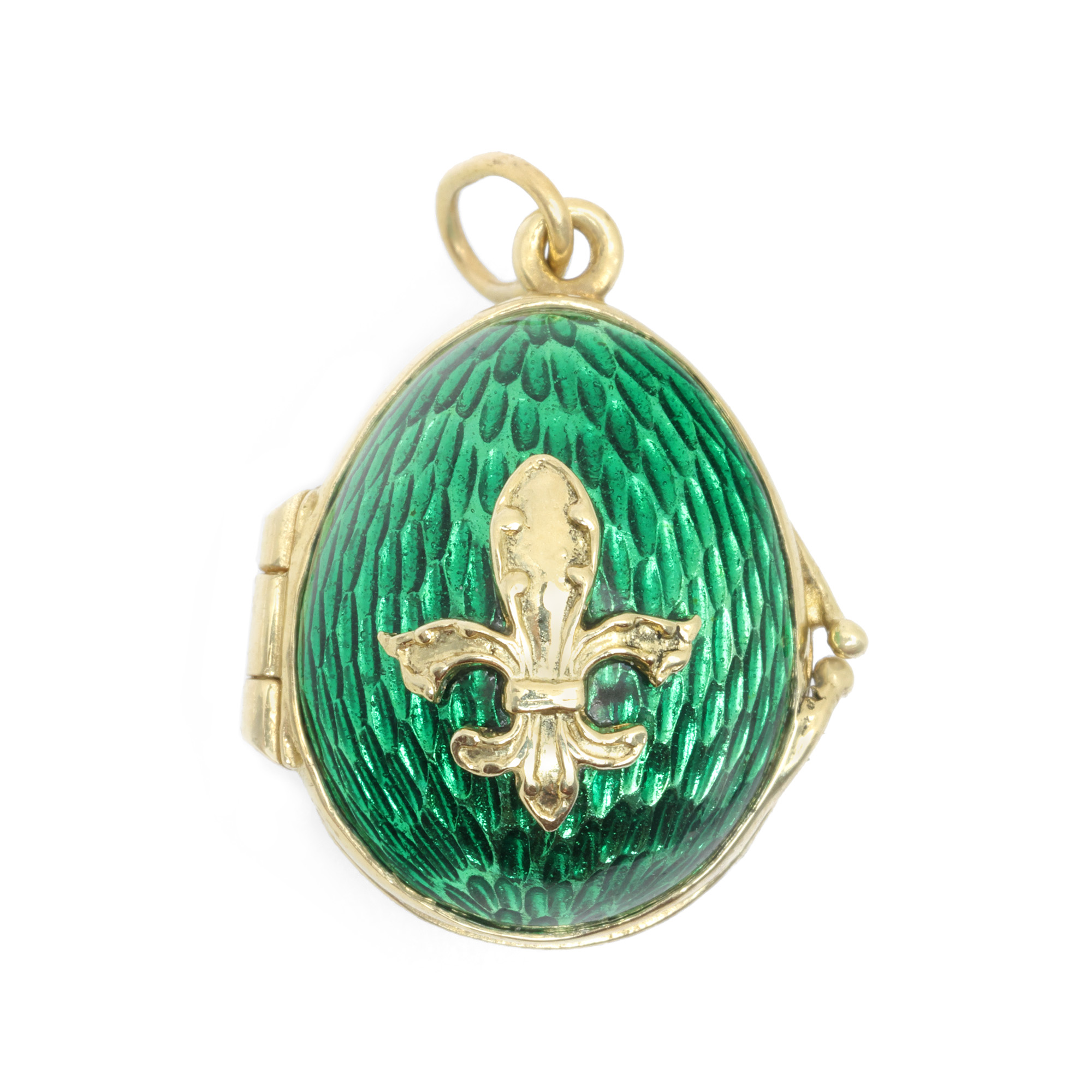 Gold and guilloche enamel pendant, decorated with "fleur de lis", in the shape of the famous egg-casket
