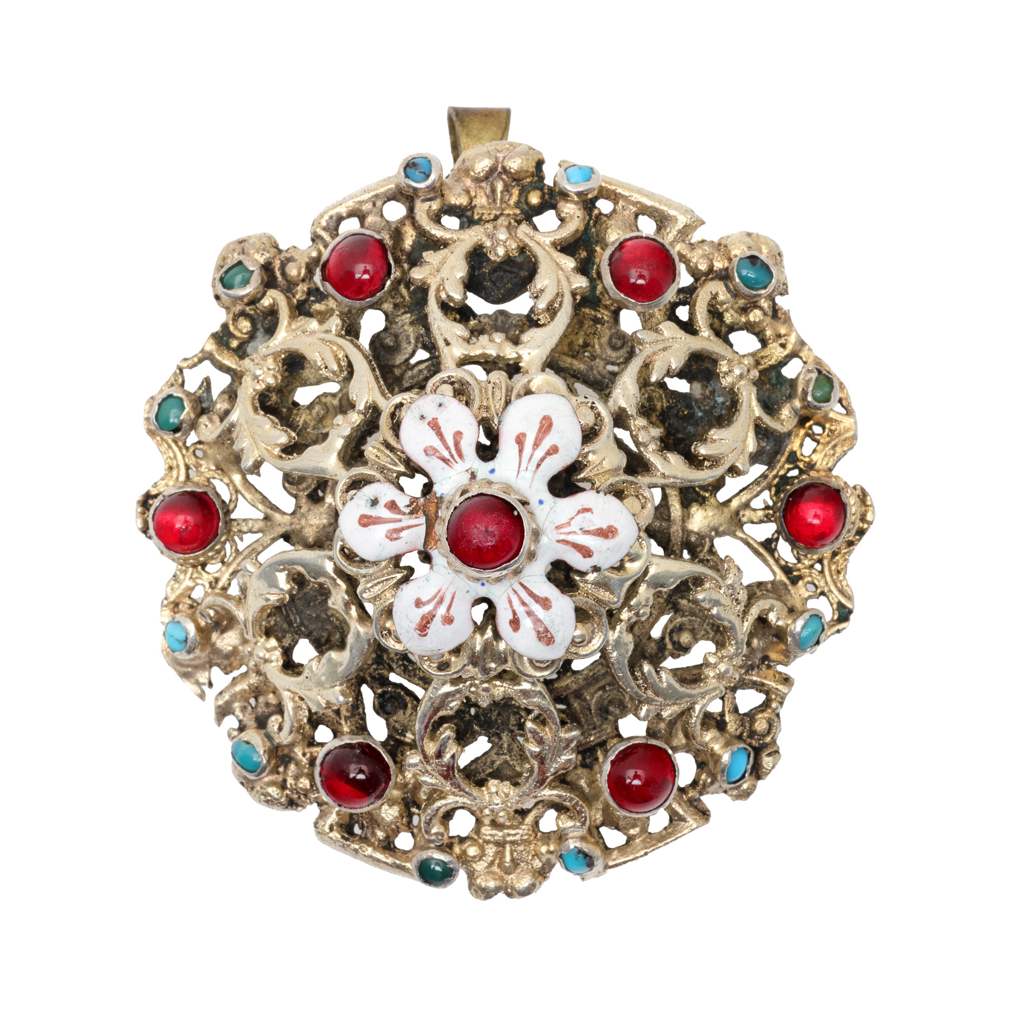 Transylvanian silver-gilt pendant, decorated with enamel and turquoise, 19th century