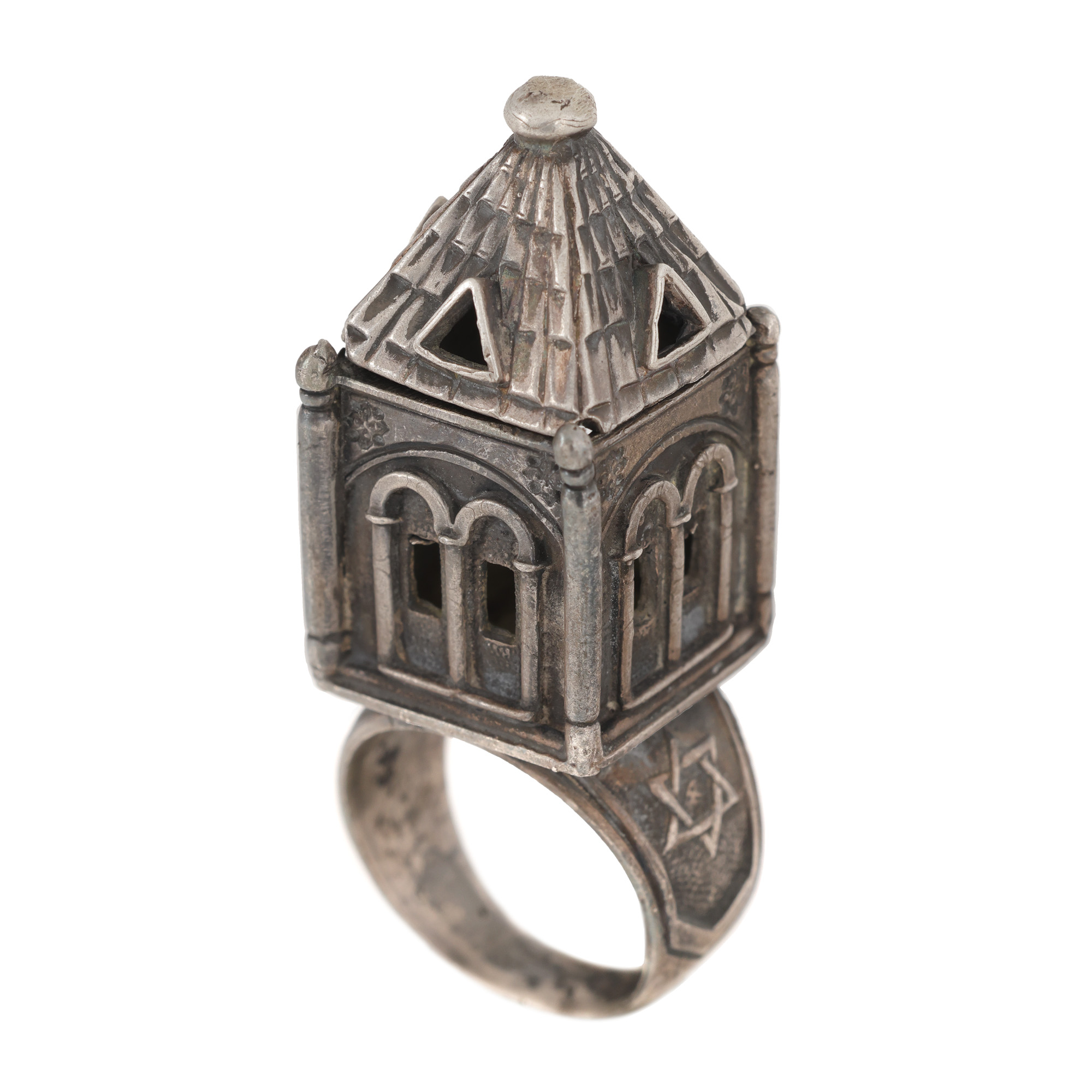 Jewish Wedding Ring, made of silver, in the shape of a mosaic temple