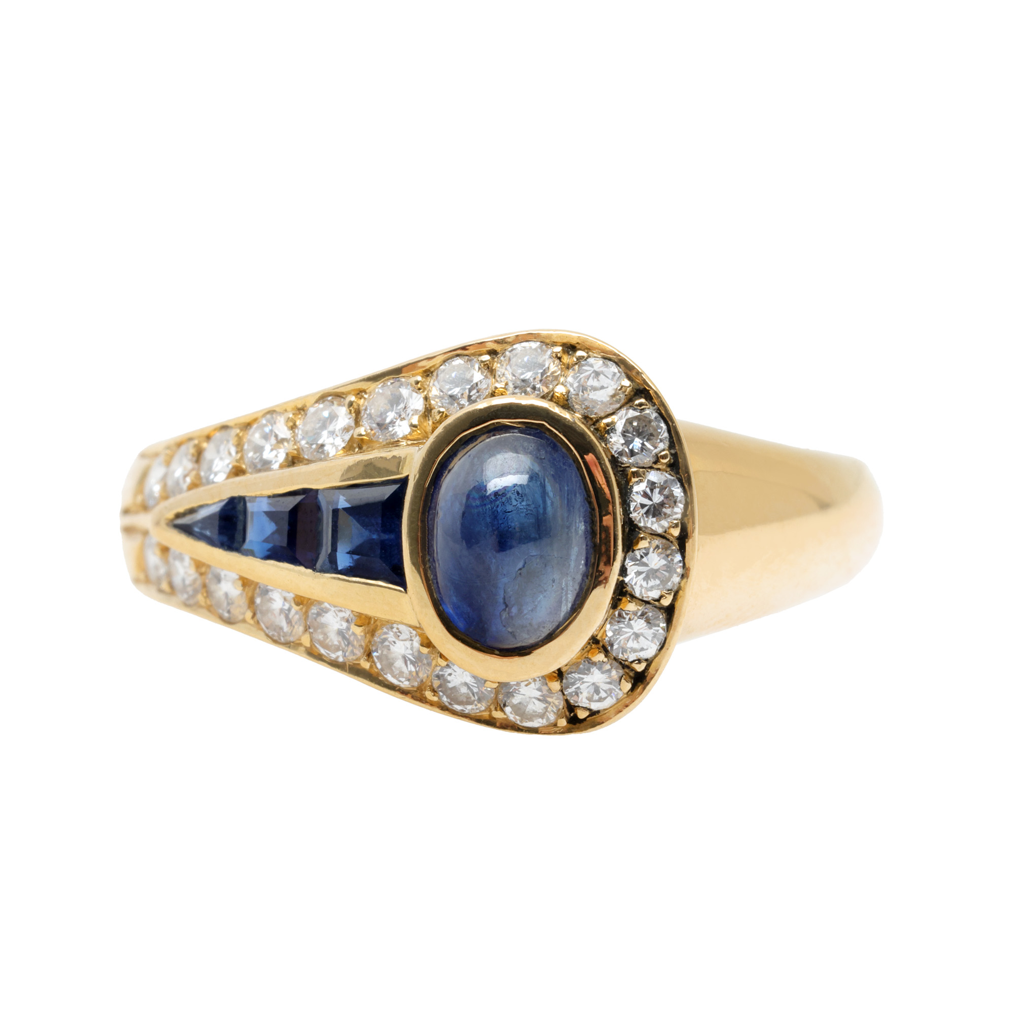 Gold ring, decorated with alternating sapphires and diamonds, accompanied by certificate
