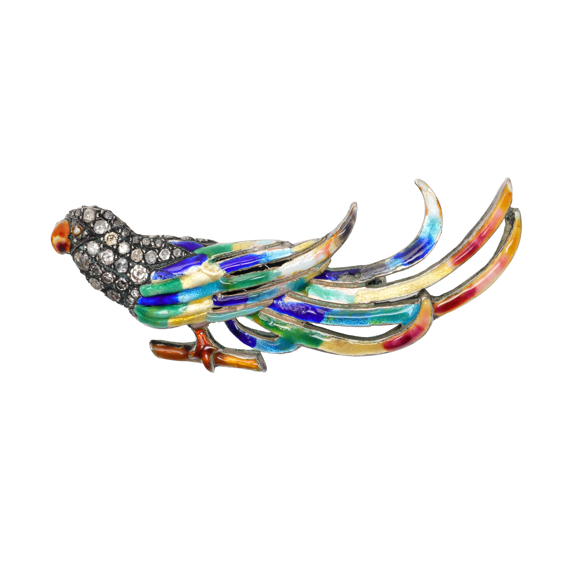 Brooch in the shape of a parrot, made of red gold and silver, decorated with diamonds and enamel