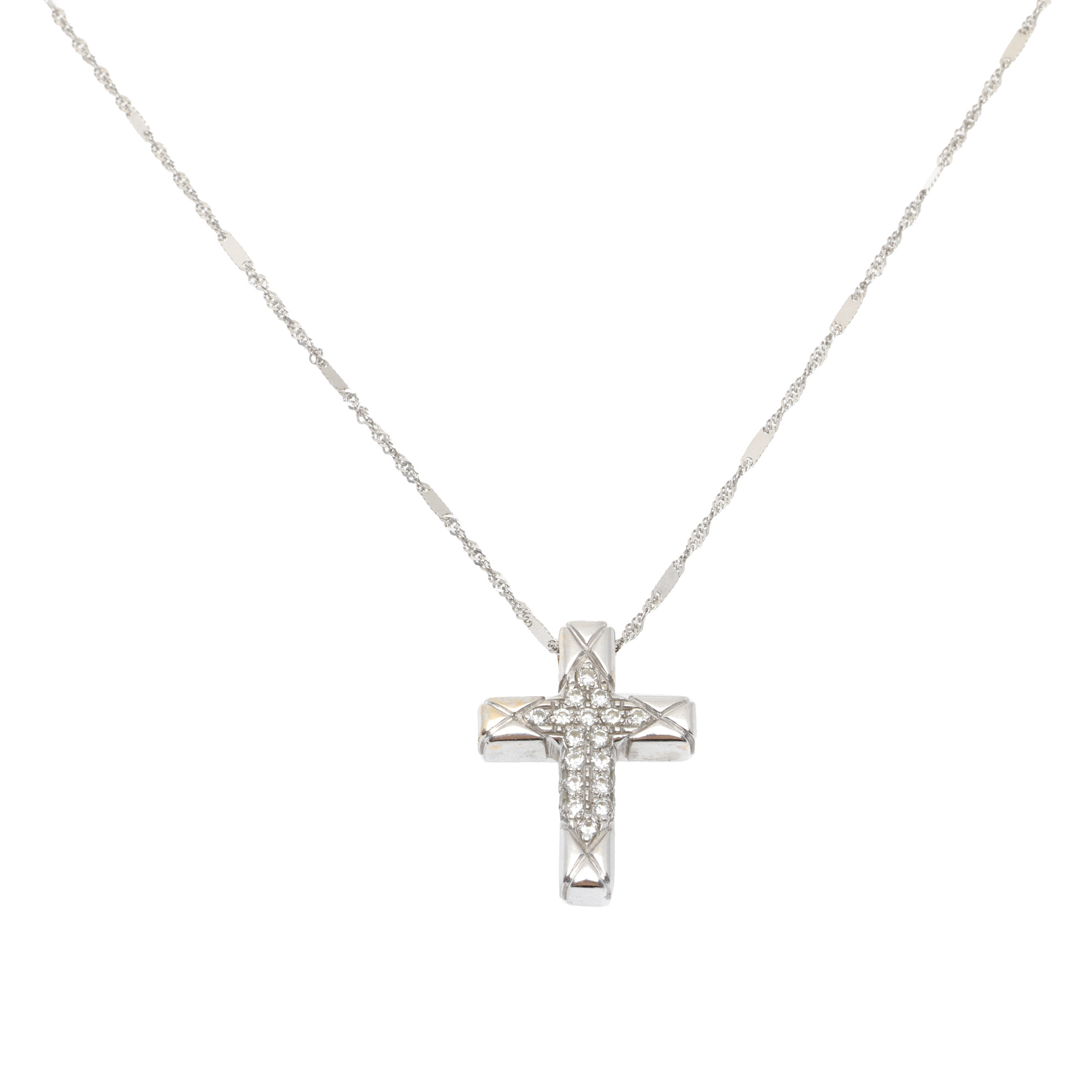 White gold necklace with cross pendant, decorated with diamonds