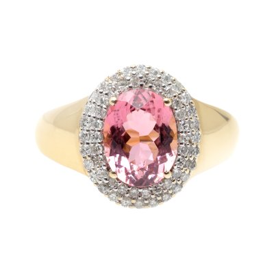 Inel din aur, decorat cu turmalină și dublu anturaj de diamante