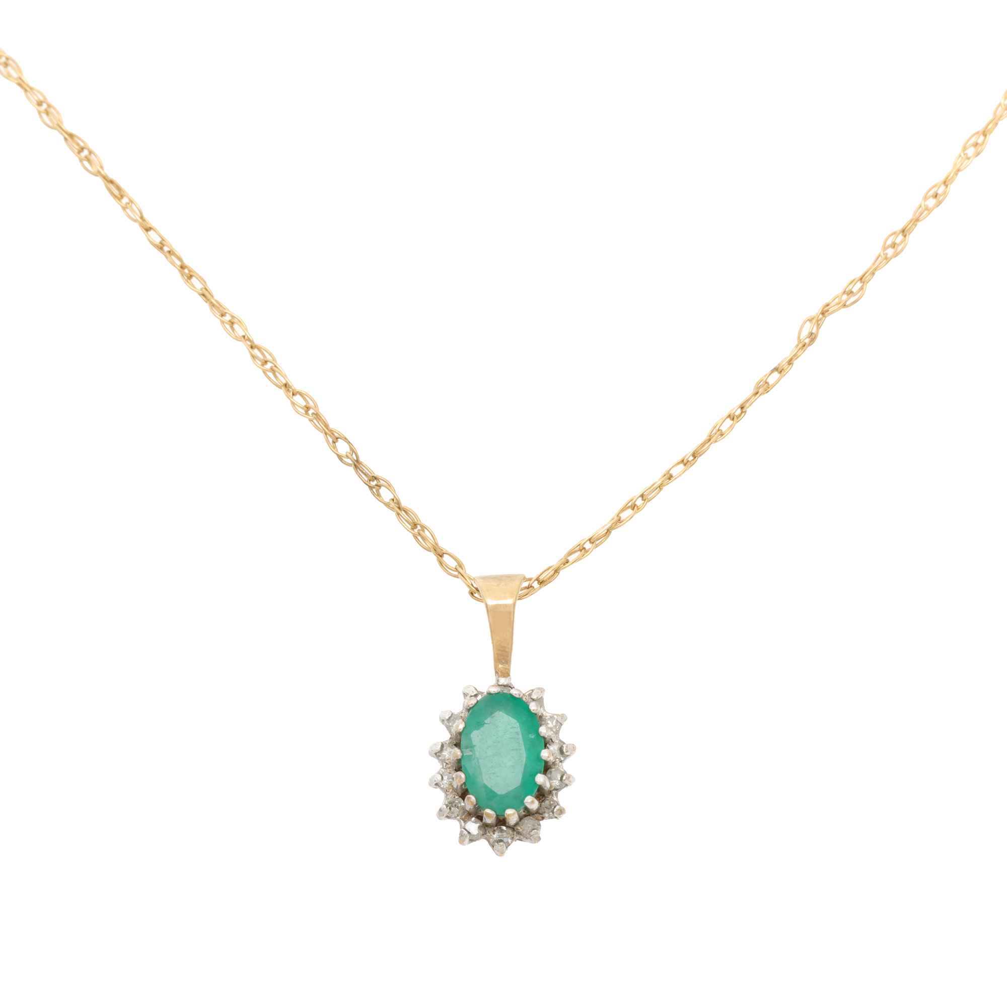 Gold chain with pendant, decorated with emerald and diamonds