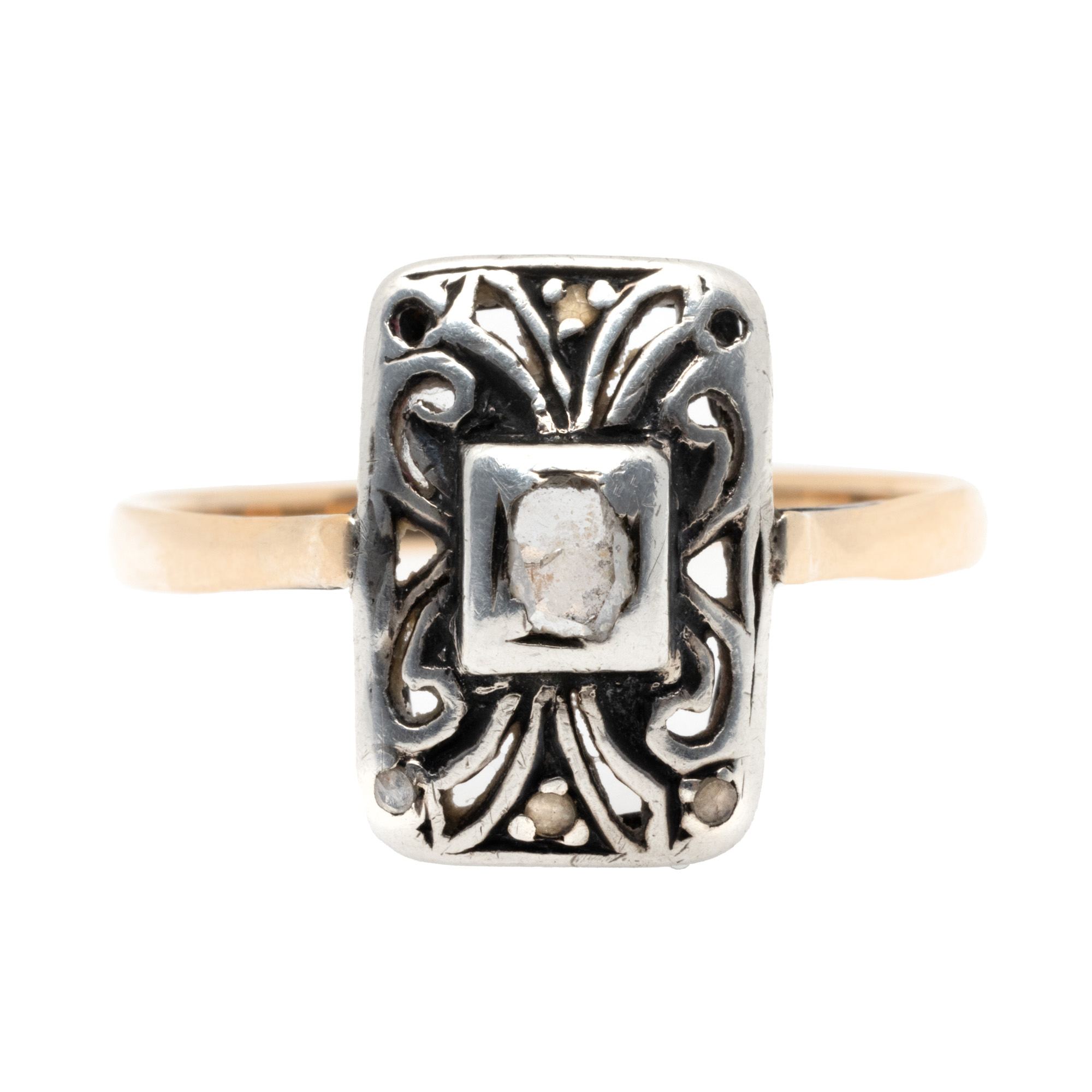 Gold and Silver Ring, decorated with diamonds, circa 1935