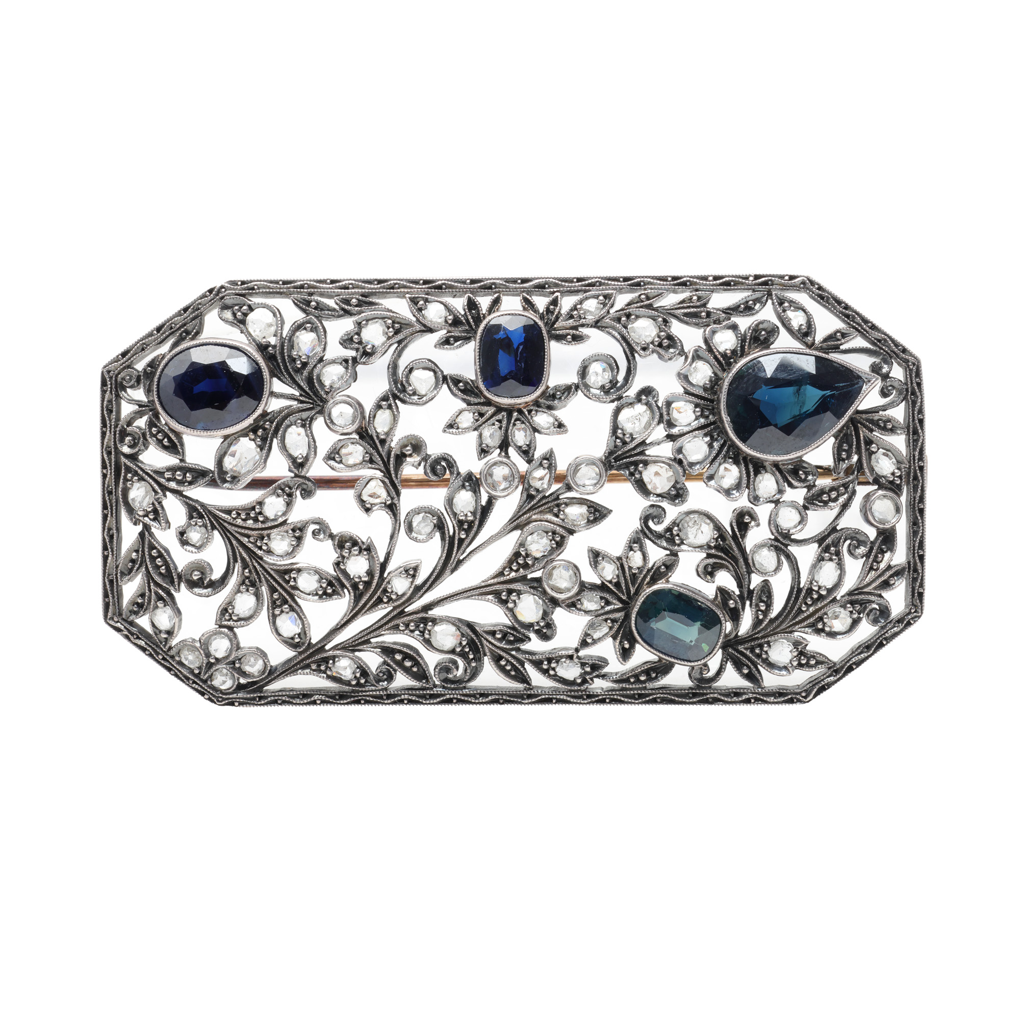 Gold and Silver Brooch Decorated with Diamonds and Sapphires