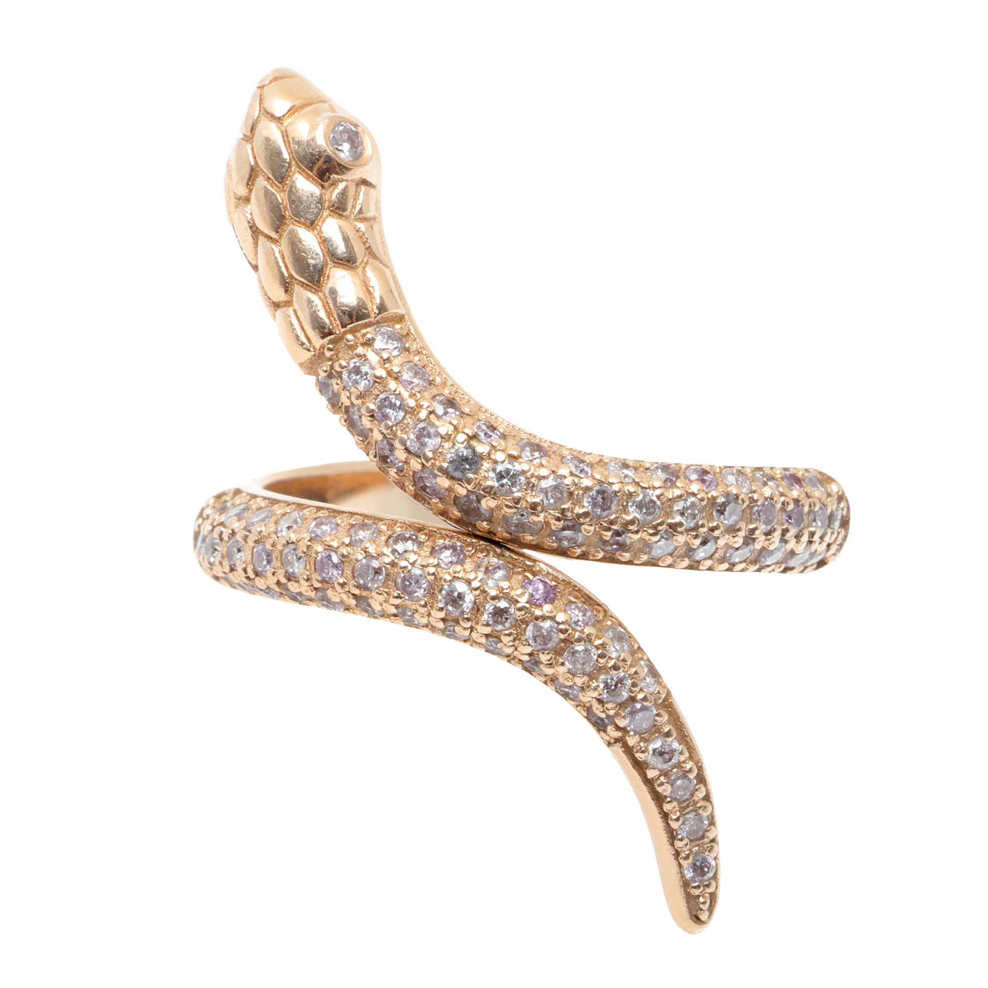 Pink gold ring in the shape of a snake, decorated with diamonds, accompanied by an AIG certificate