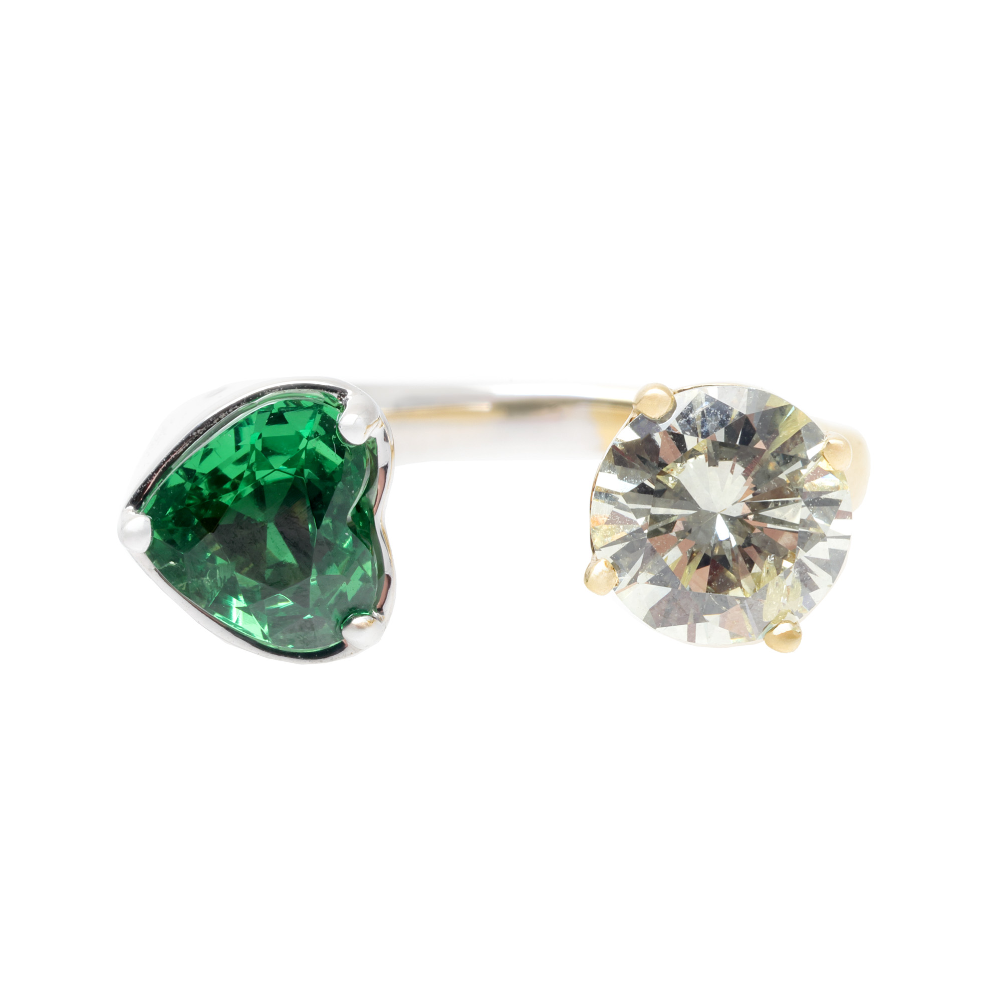 "Me and You" - bicolor gold ring, decorated with diamond and tsavorite