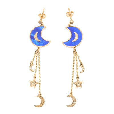 Pair of gold earrings, decorated with celestial motifs, enamel and mother-of-pearl