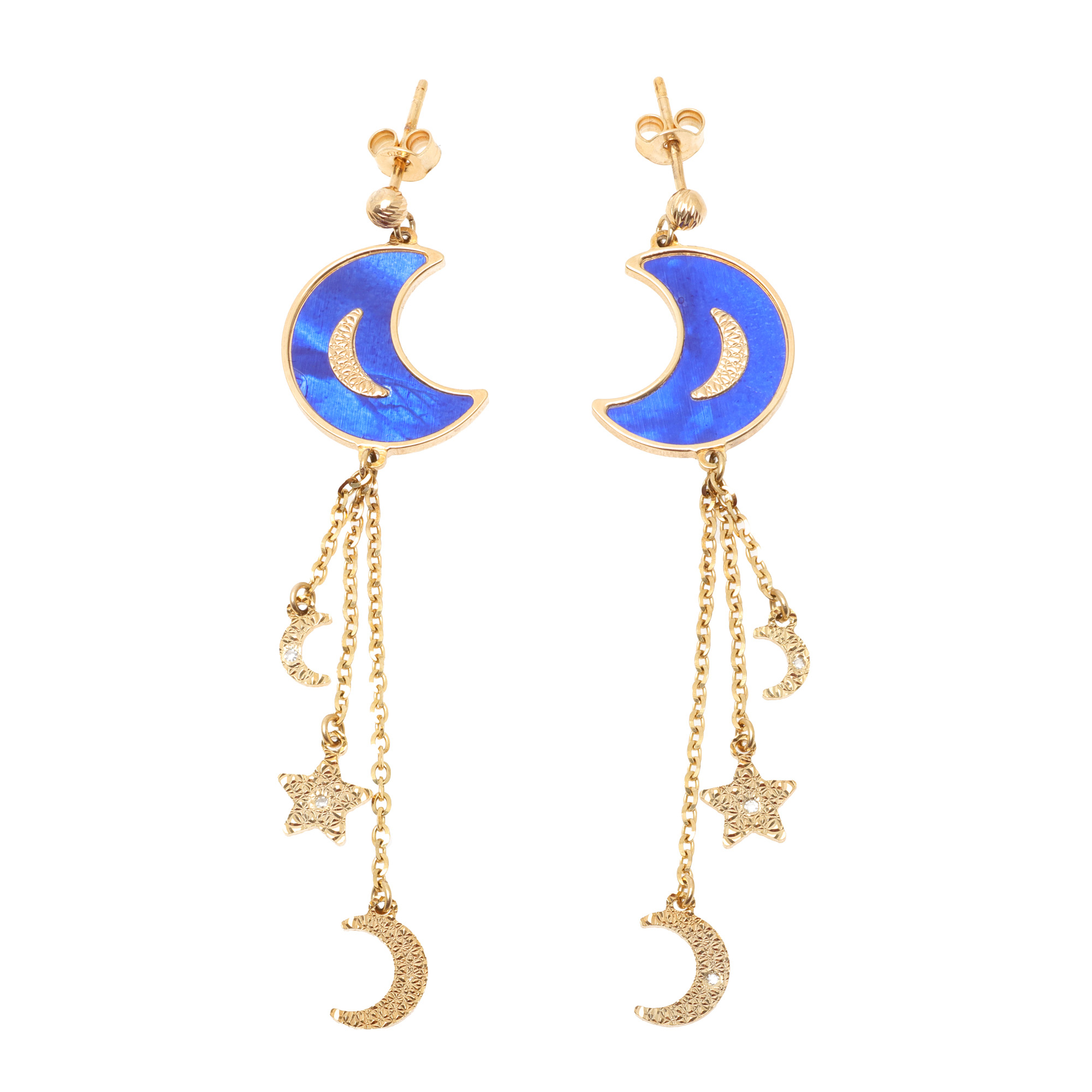 Pair of gold earrings, decorated with celestial motifs, enamel and mother-of-pearl