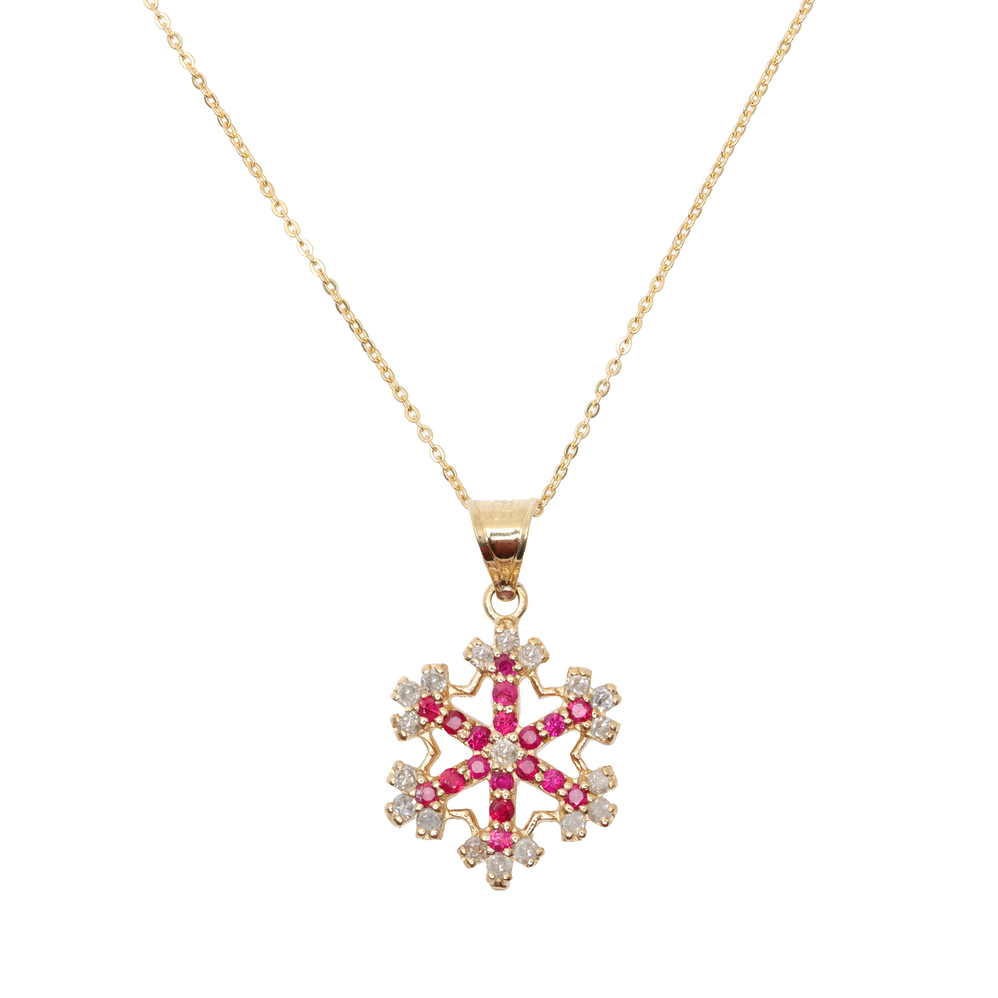 Gold chain with pendant, decorated with diamonds and rubies