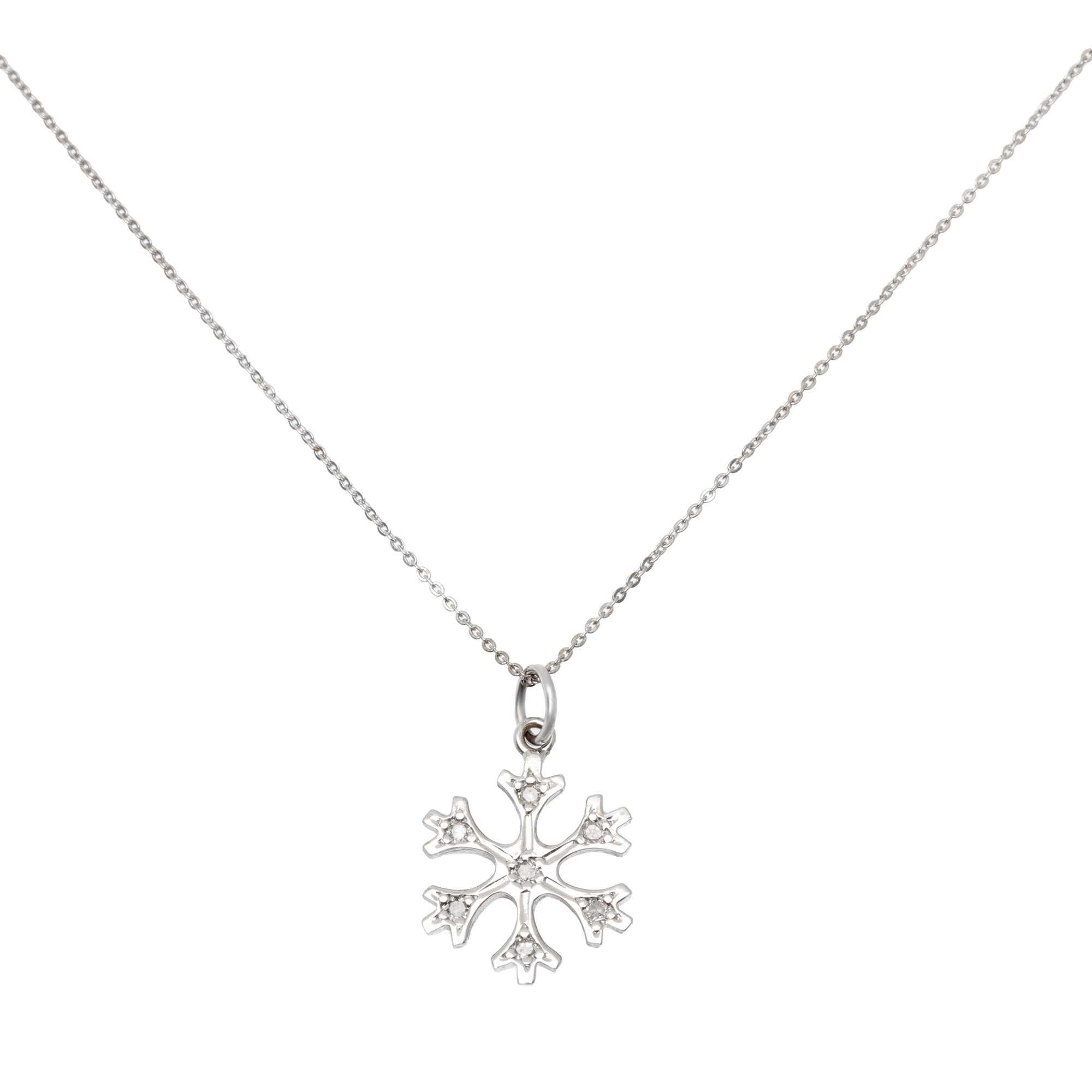 White gold chain with snowflake pendant, decorated with diamonds