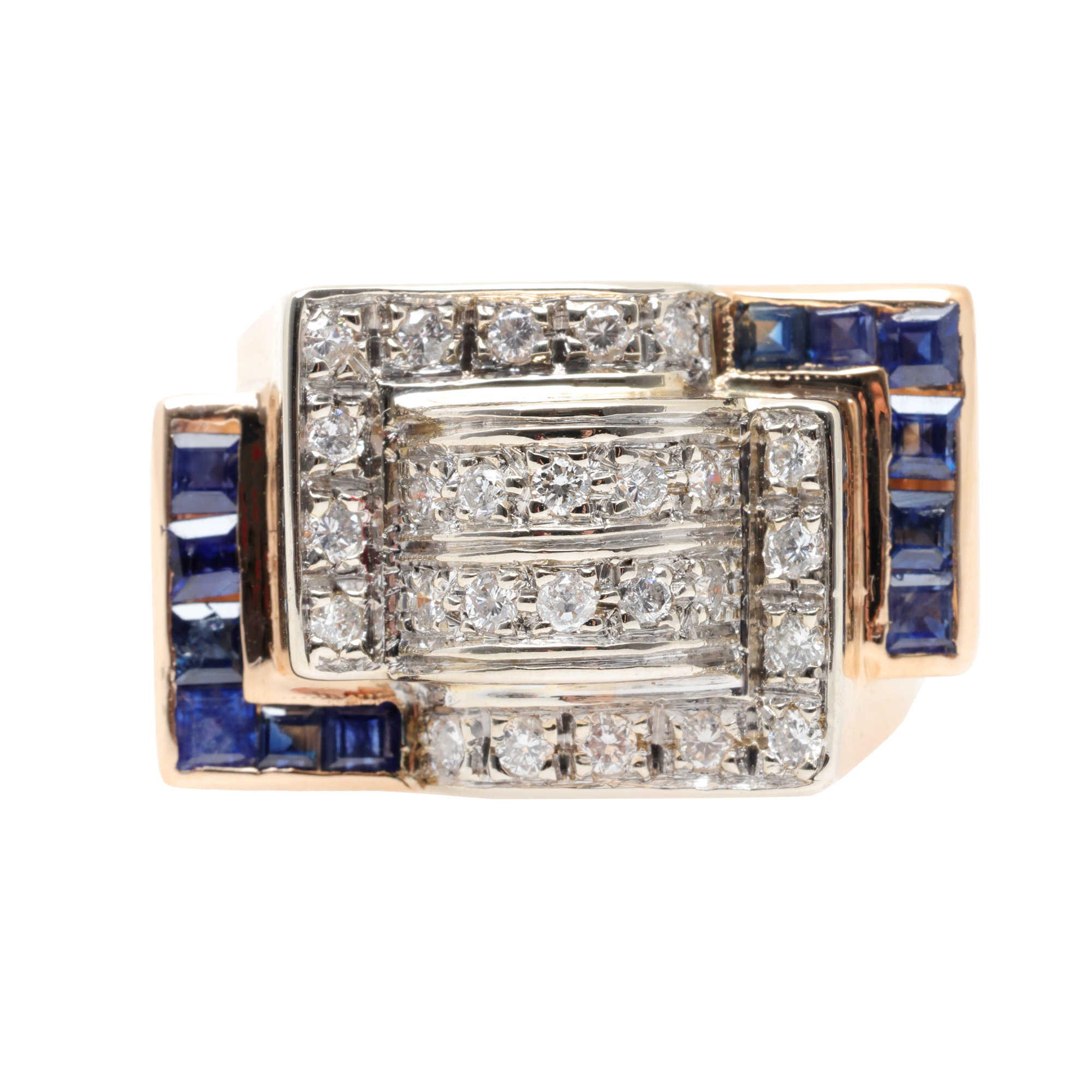 Massive gold ring, decorated with sapphires and diamonds