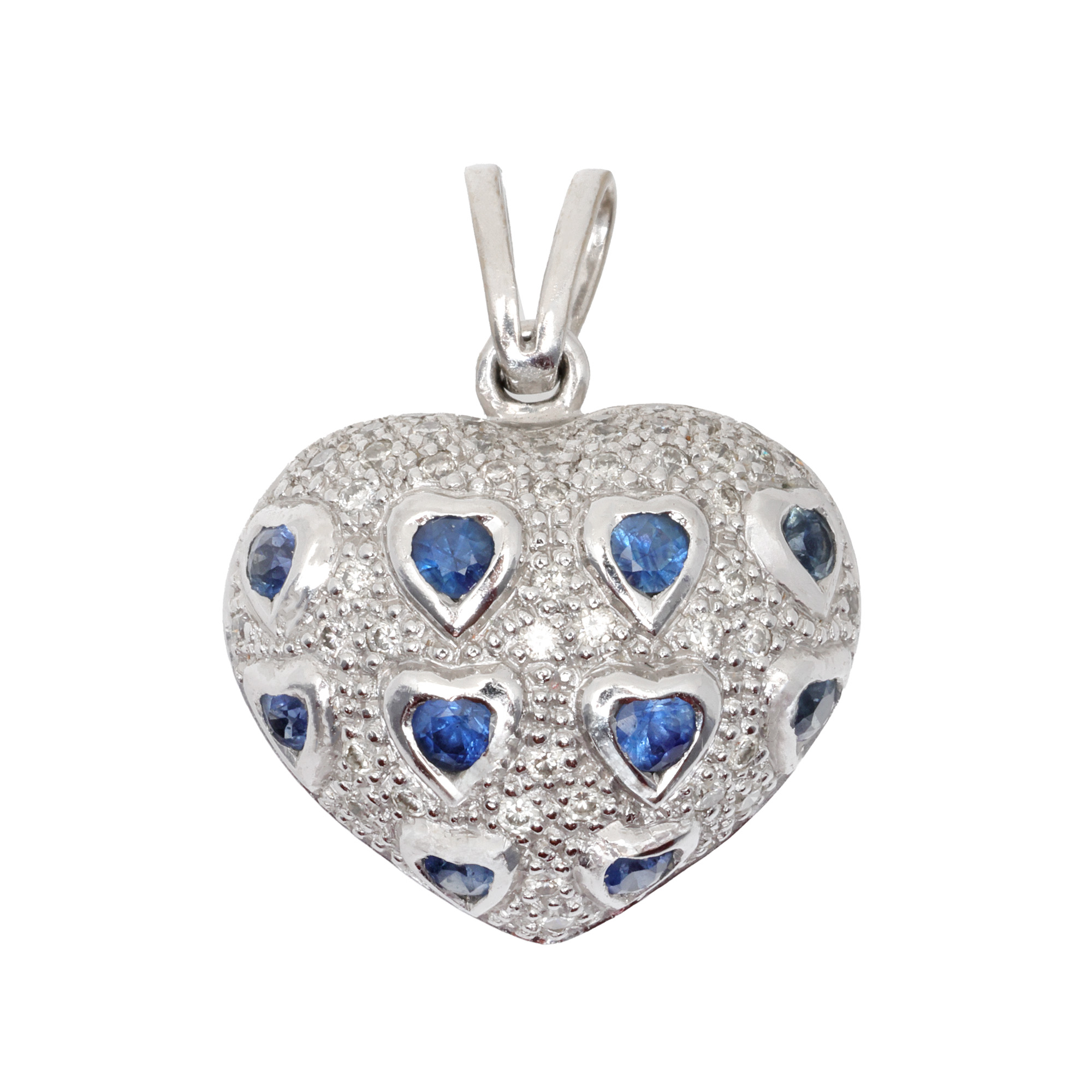 White gold pendant, in the shape of a heart, decorated with sapphires and diamonds