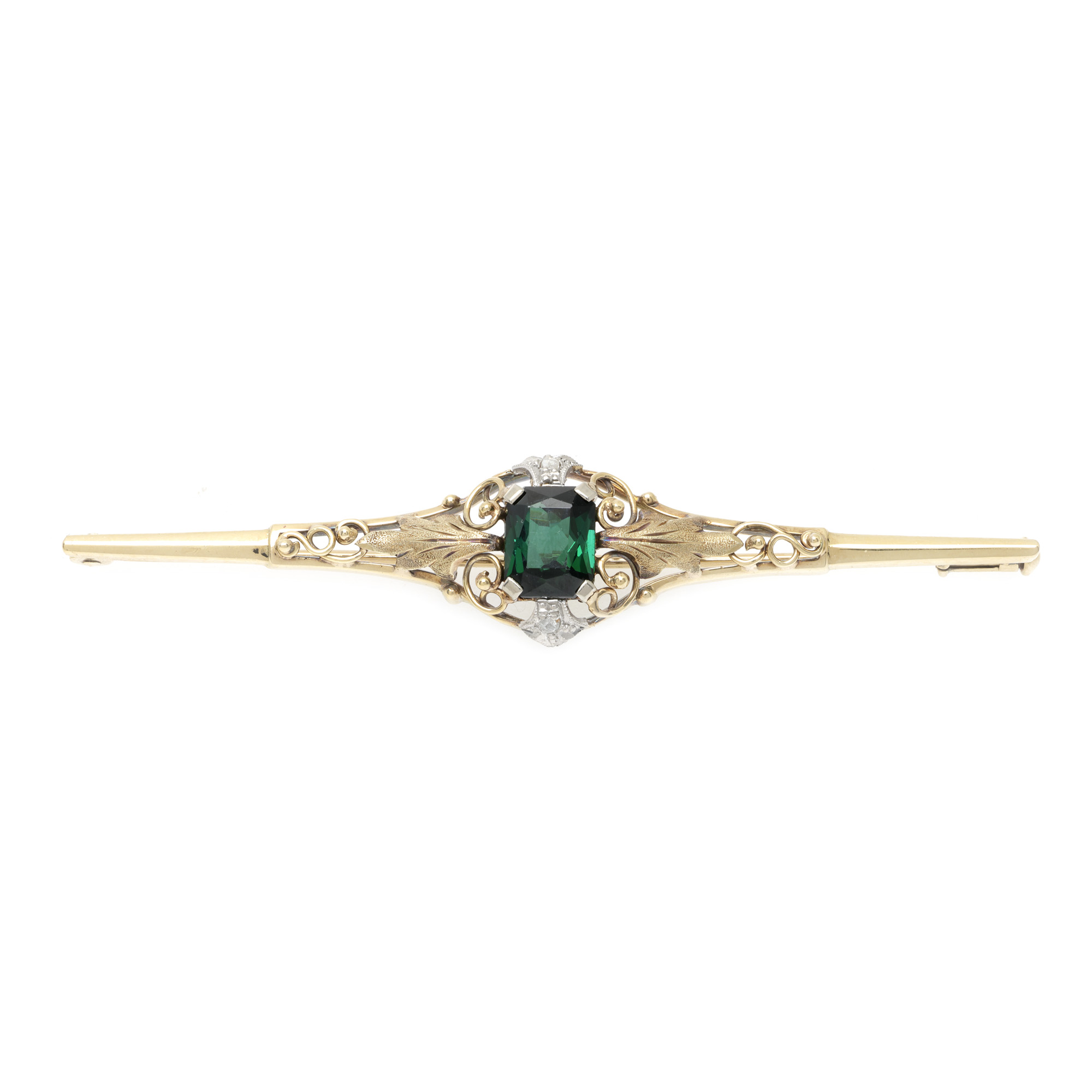 Gold and Platinum Brooch, decorated with Tourmaline and Diamonds