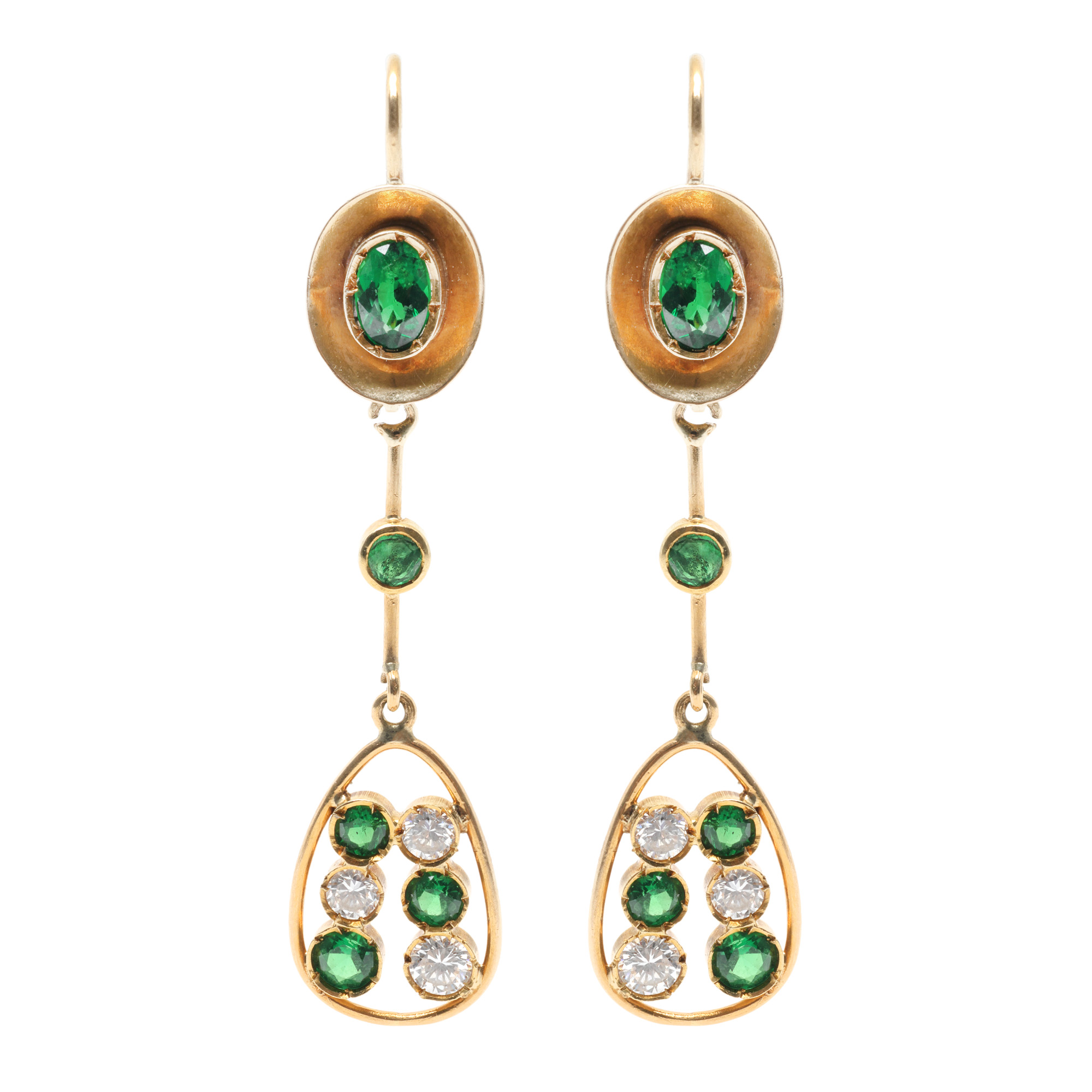 Pair of gold earrings, adorned with diamonds and green garnets