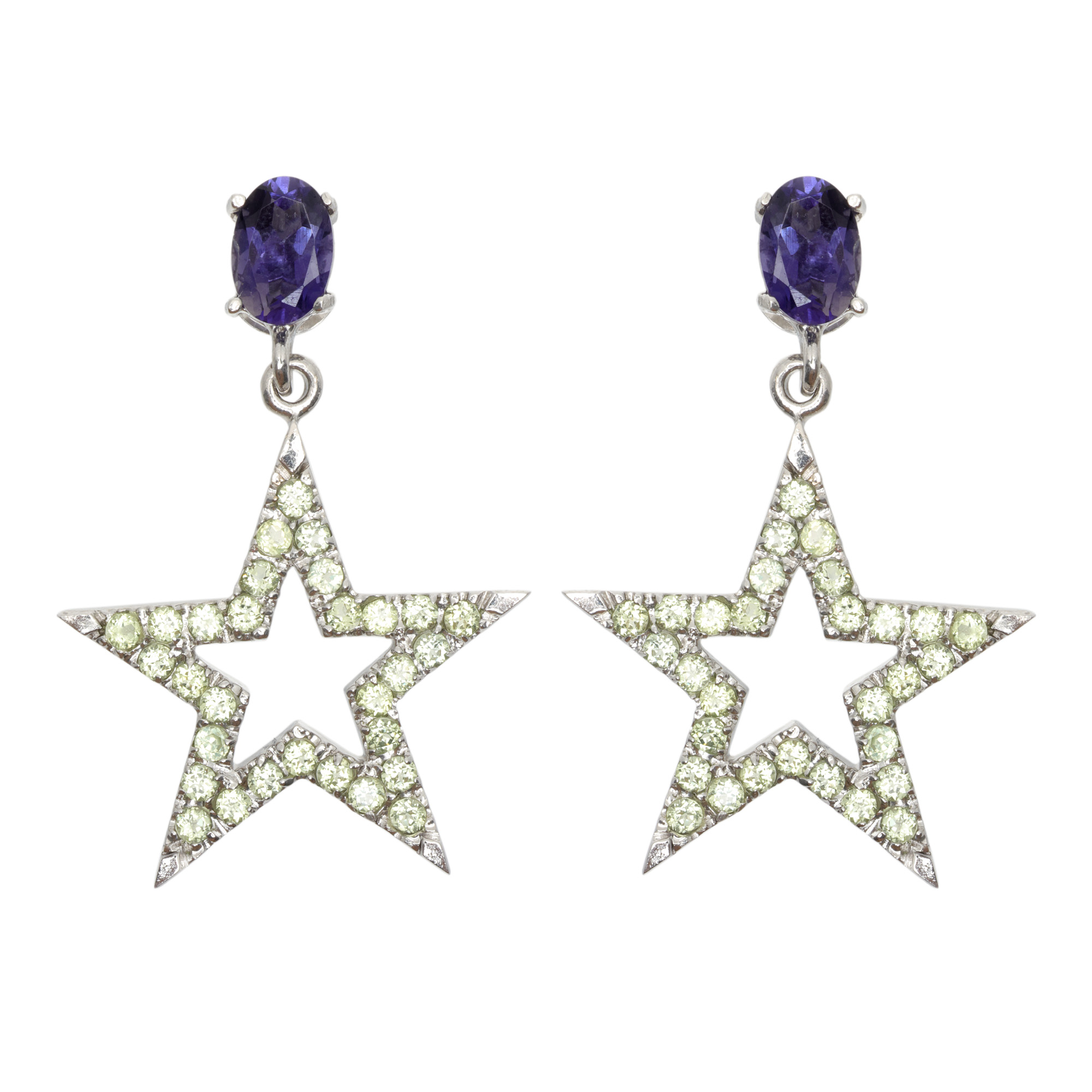 Pair of silver earrings, decorated with iolites and peridots