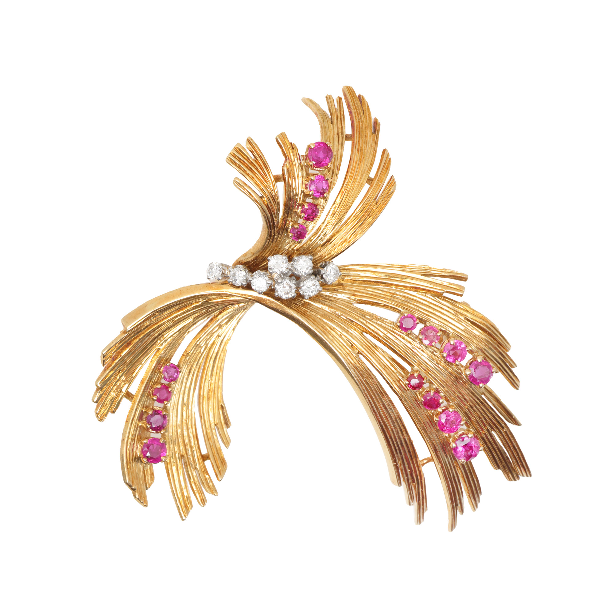 Gold and platinum brooch adorned with diamonds and rubies