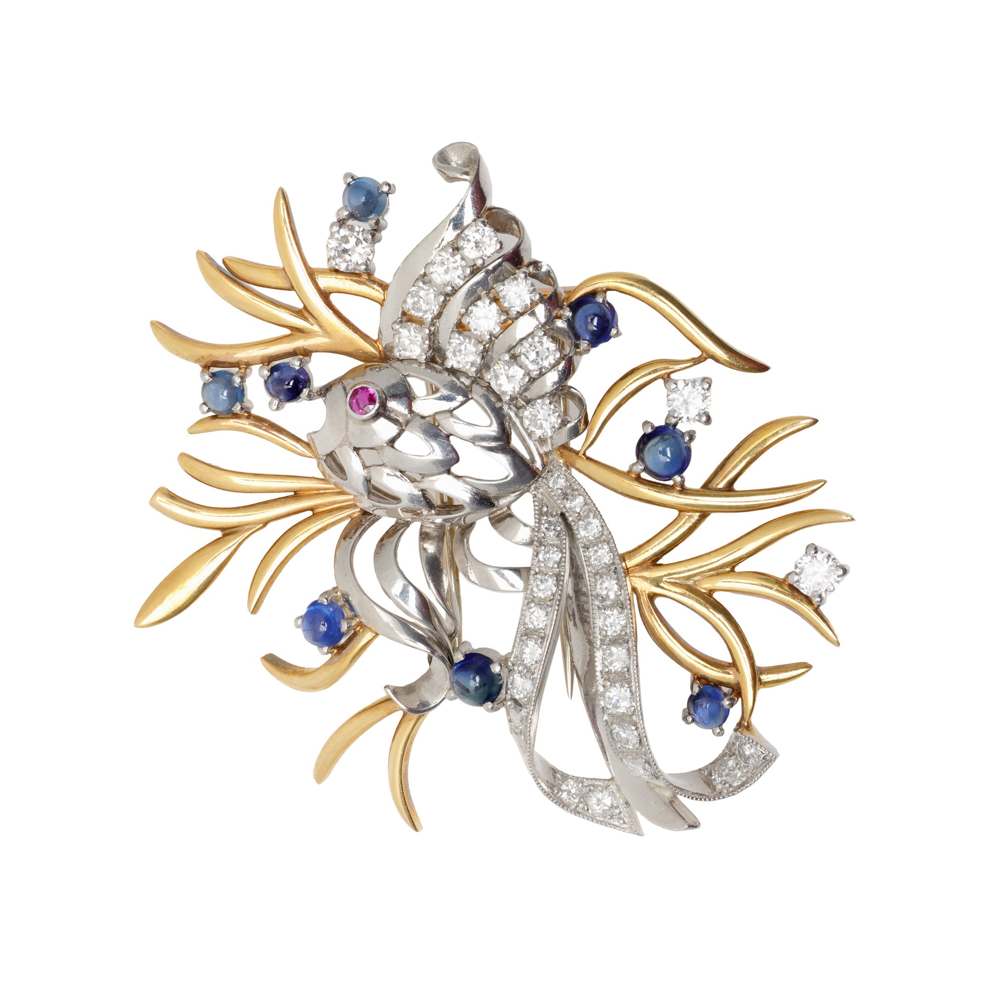 Gold and Platinum Brooch, decorated with Diamonds, Sapphires and Ruby