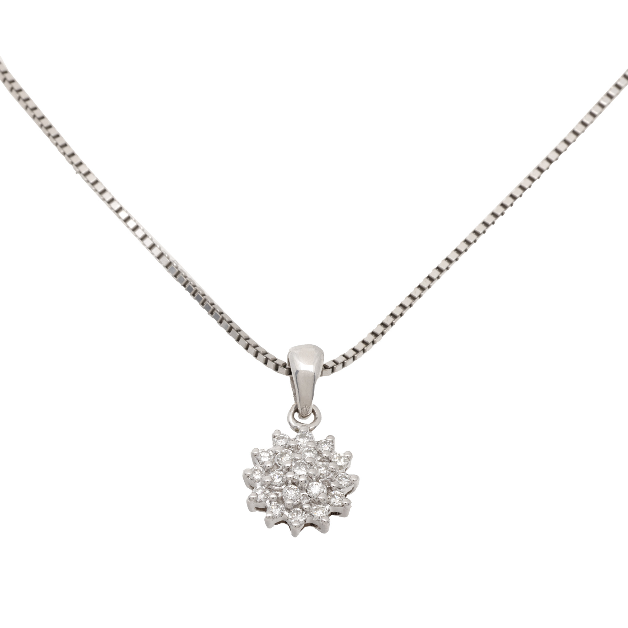 White gold chain with a flower-shaped pendant, paved with diamonds