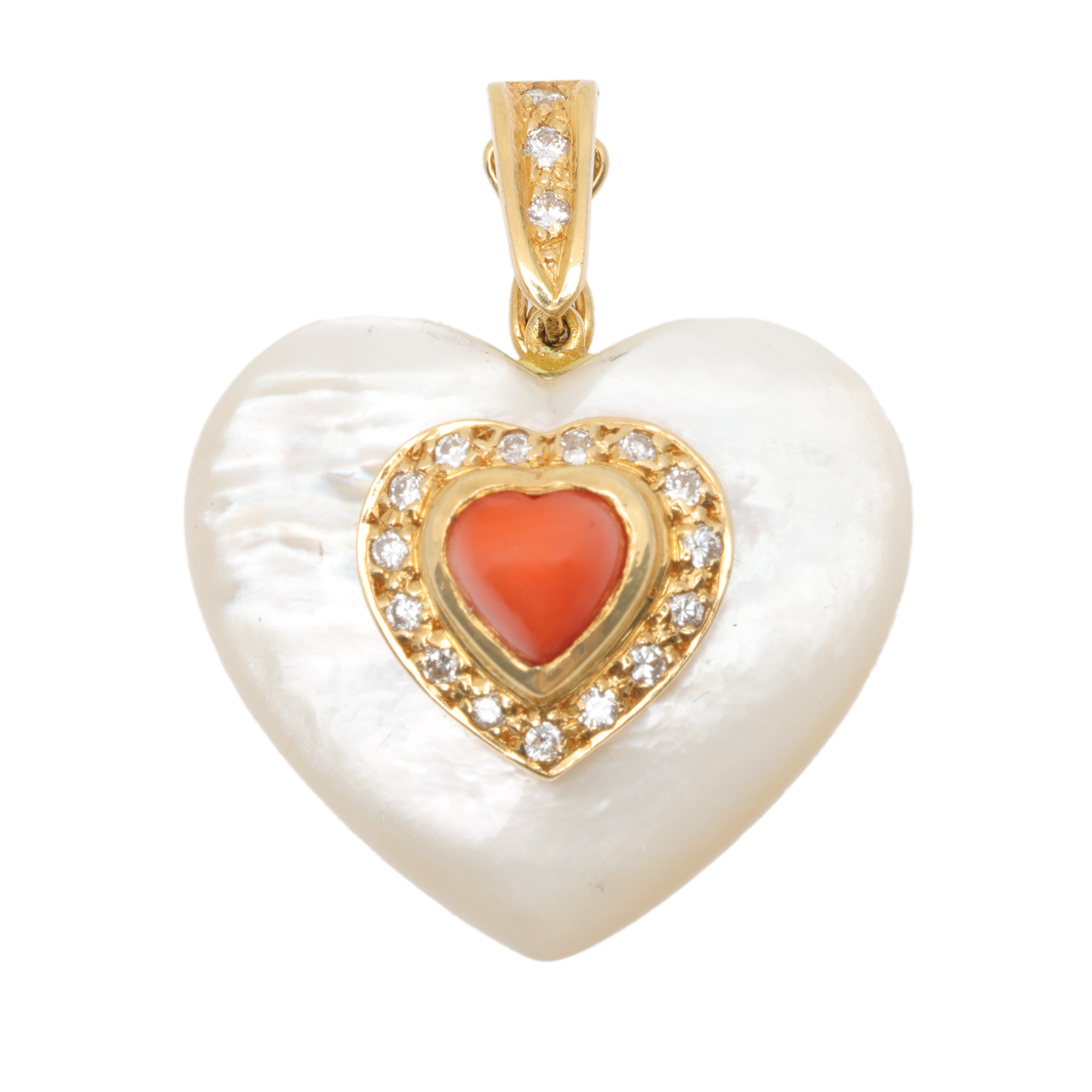 Mother of Pearl Heart-Shaped Pendant, Decorated with Coral and Diamonds