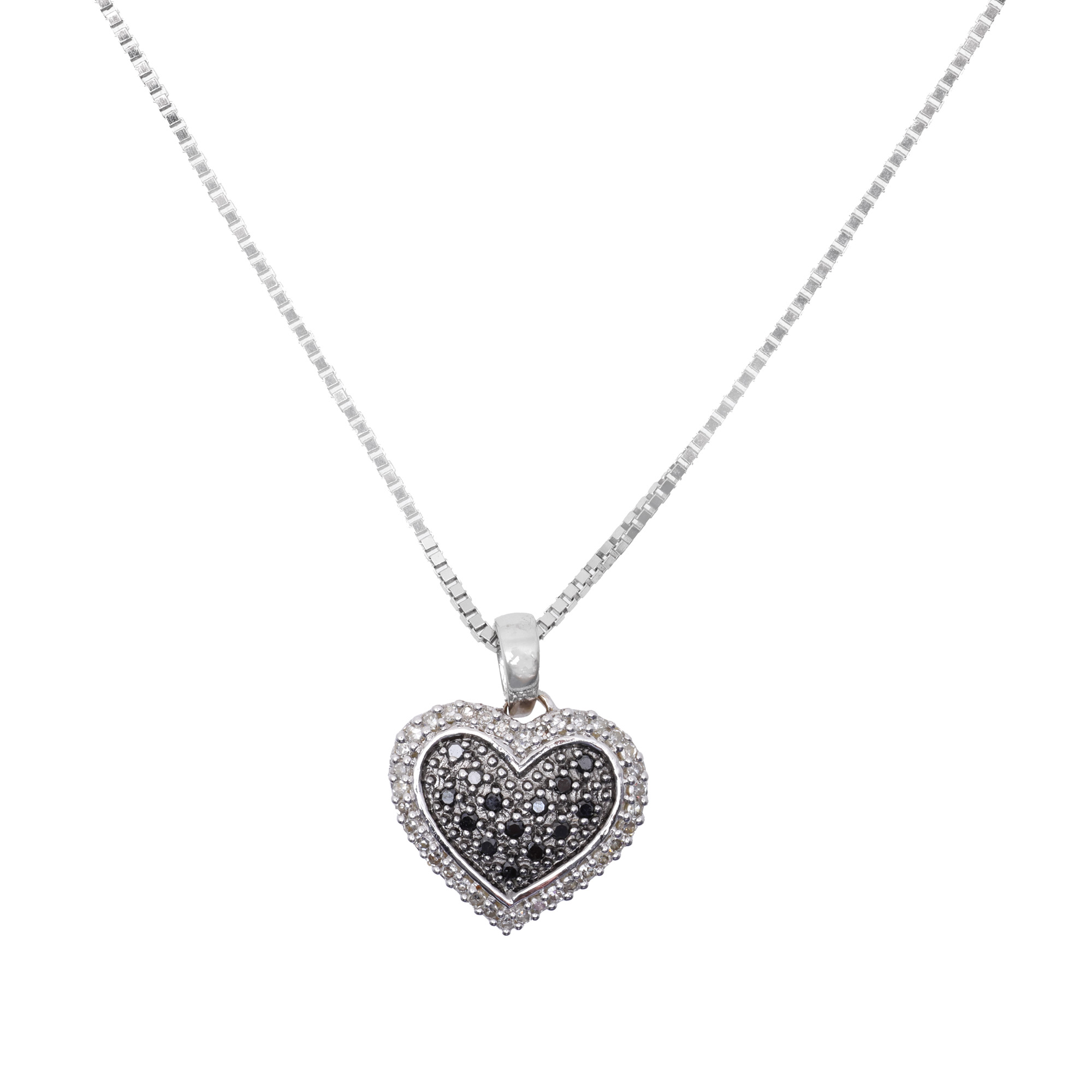 White gold chain, decorated with a heart-shaped pendant, adorned with white and black diamonds