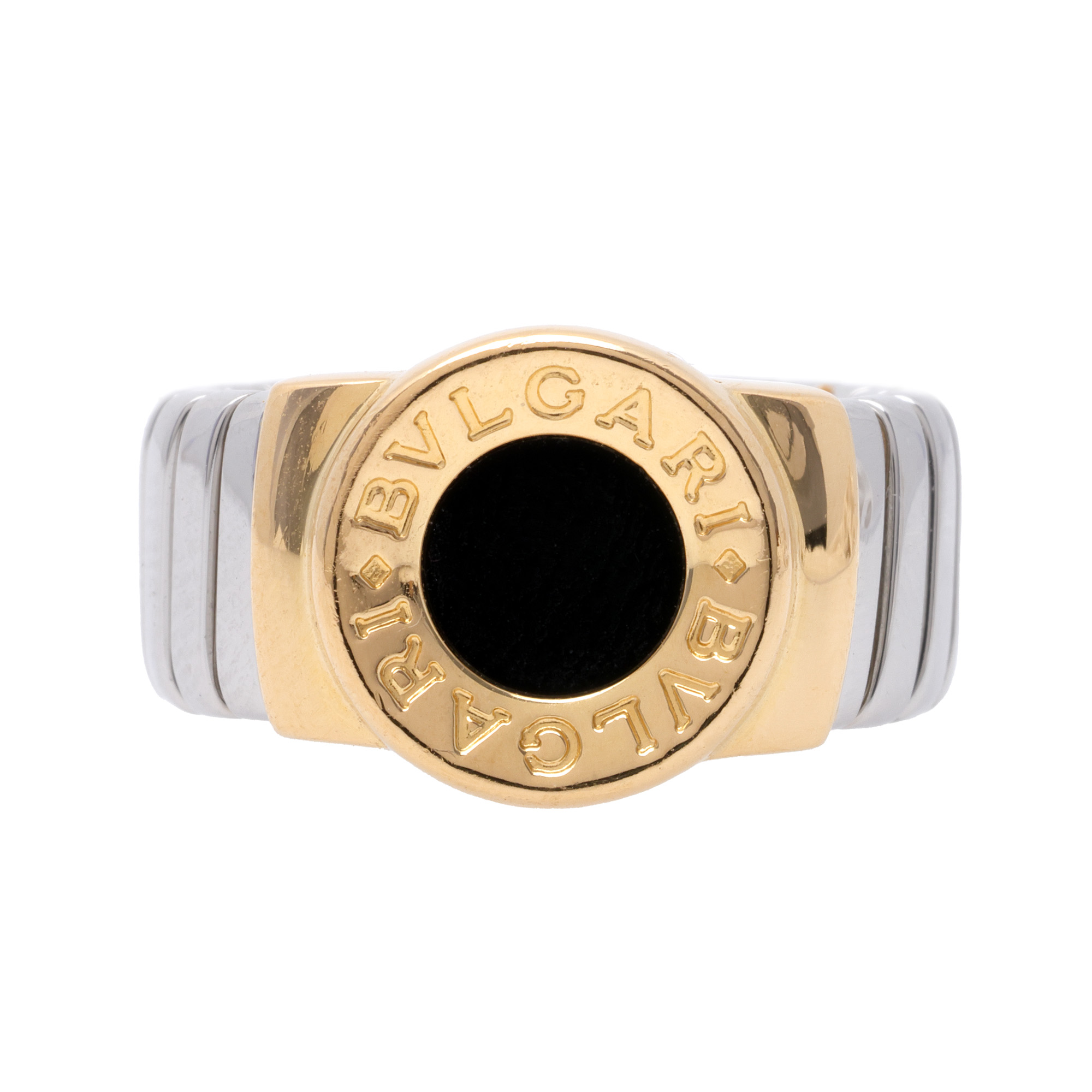 Inel Bvlgari din aur, model Tubogas, decorat cu onix, însoțit de cutia originală