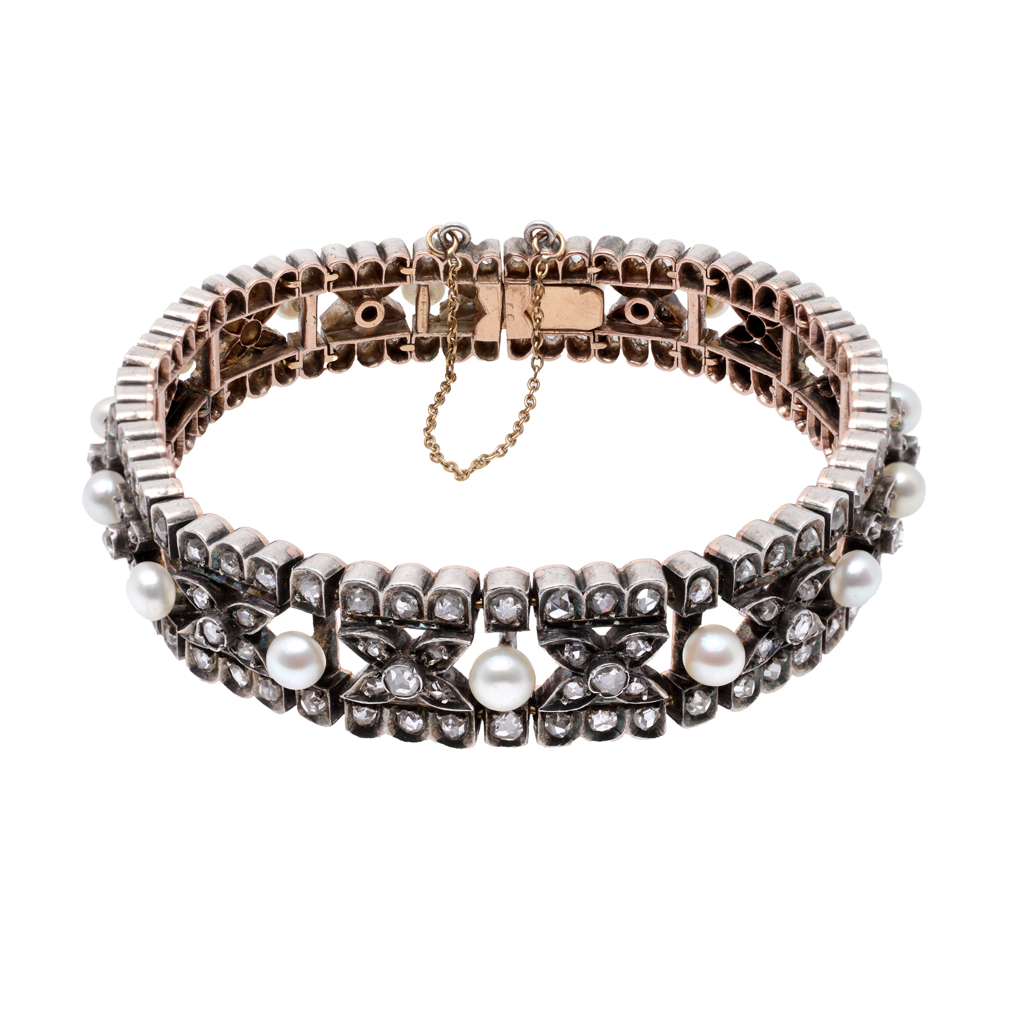 Gold and Silver Bracelet, decorated with pearls and diamonds