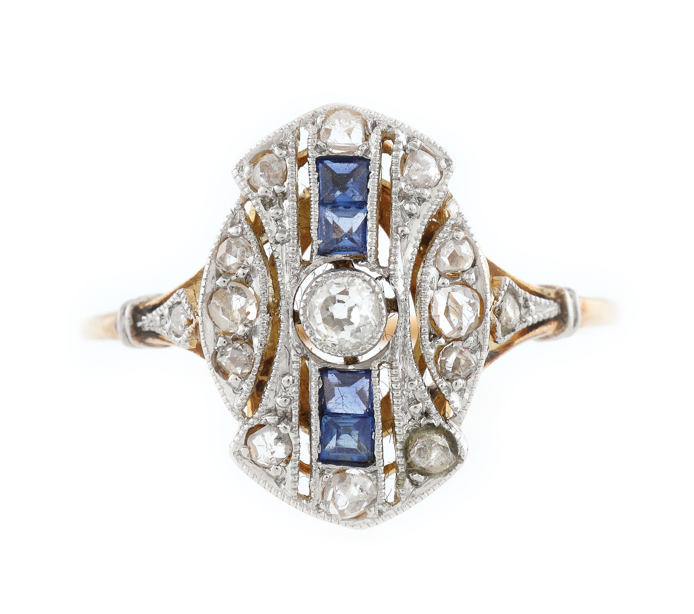Inel Art Deco din aur și platină, decorat cu diamante și pietre ornamentale