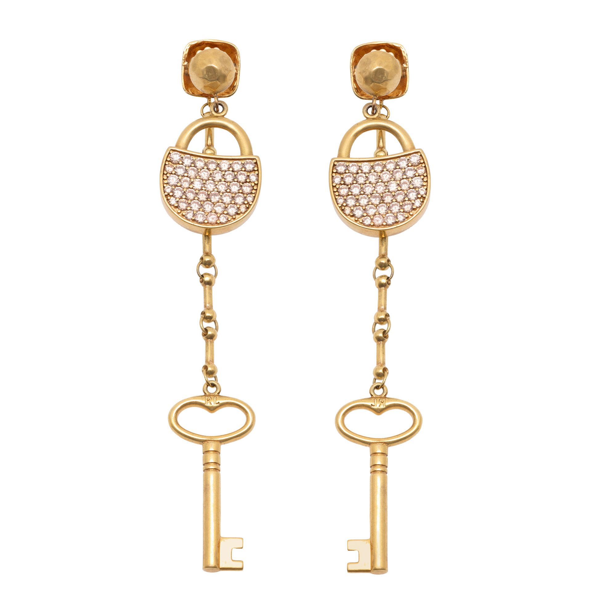 Pair of Ralph Lauren earrings, made of gold-plated silver, in the shape of a padlock with key, decorated with ornamental stones