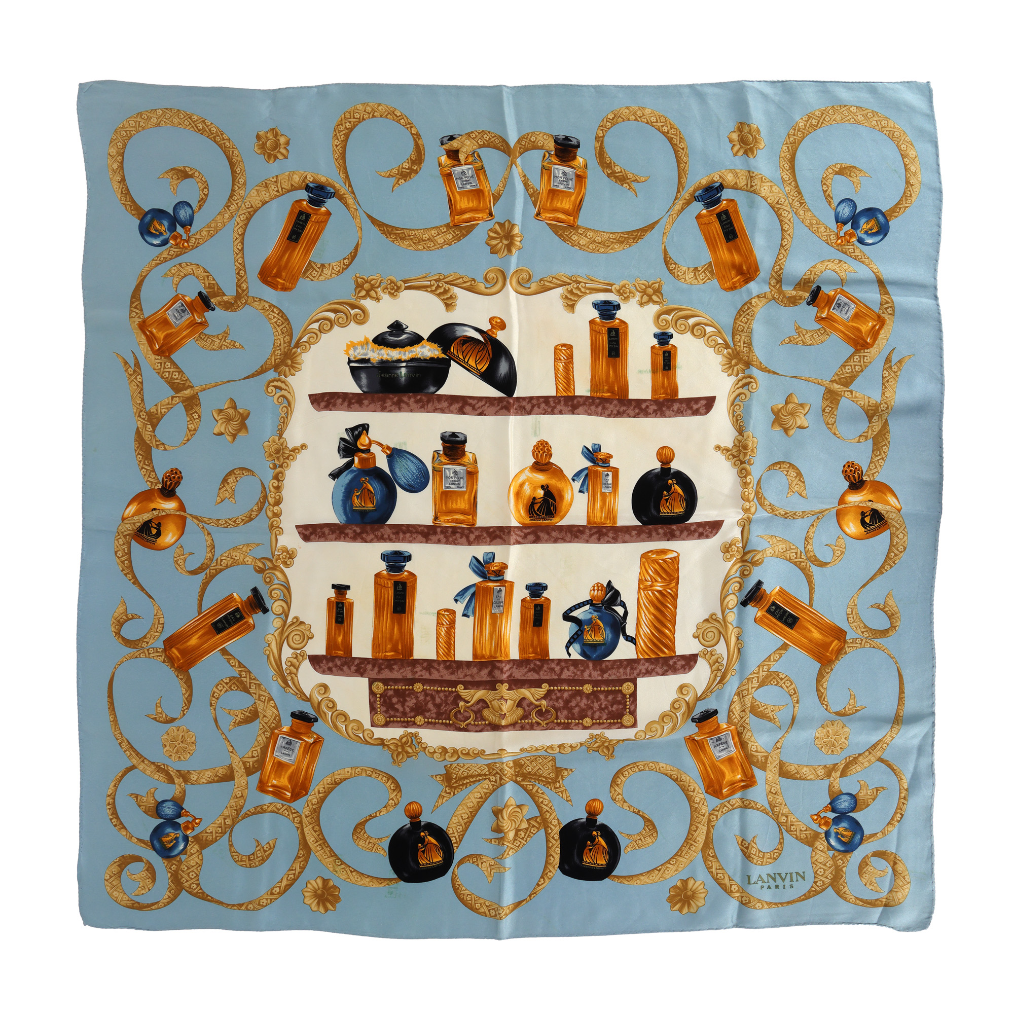 Lanvin Scarf, made of silk, decorated with perfume bottle print, cca. 1970