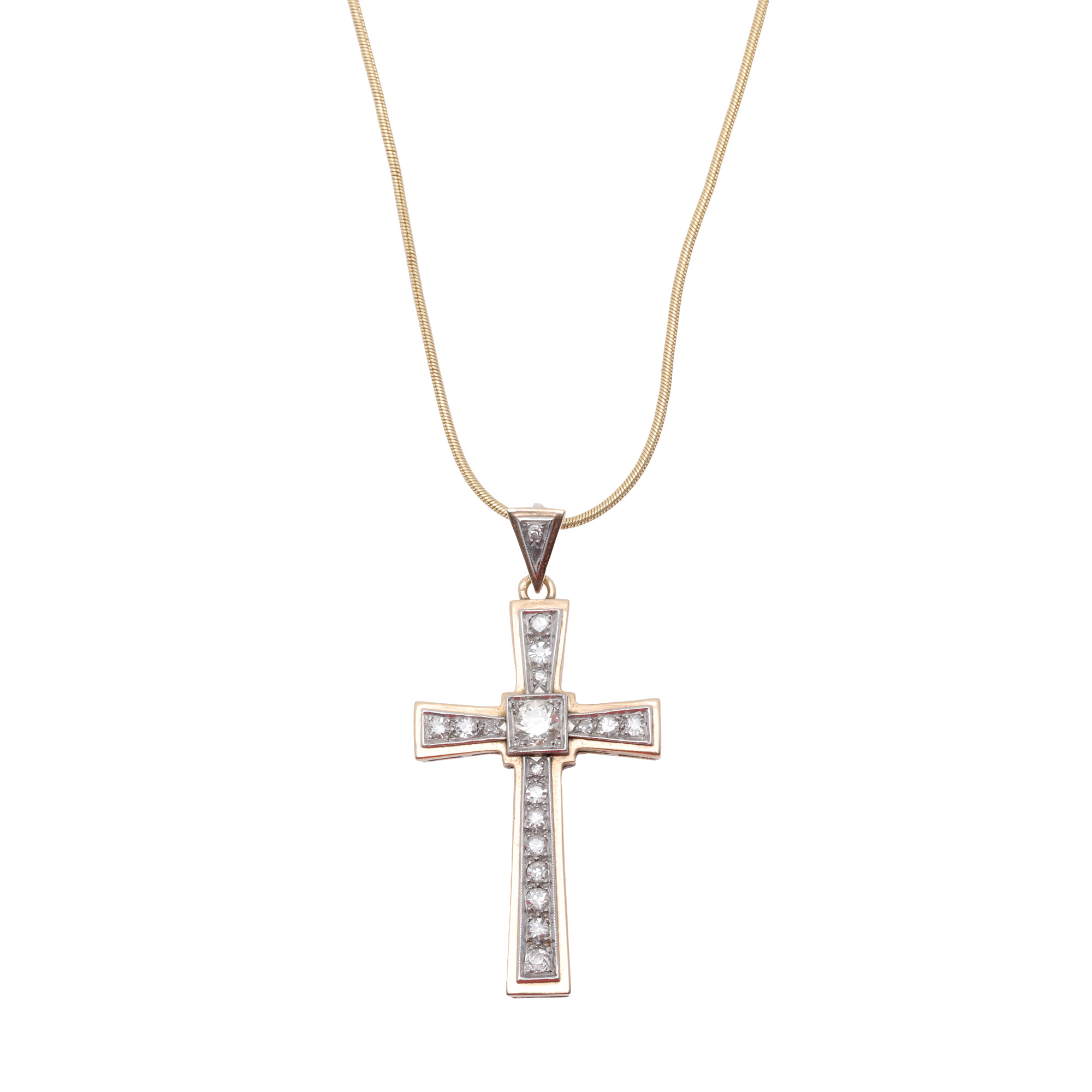 Lanț cu pandantiv din aur și platină, sub formă de cruce, decorat cu diamante 